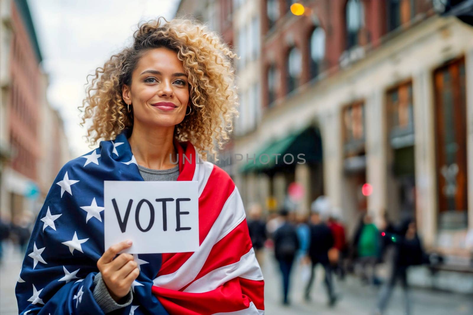 Young woman with curly hair wrapped in an American flag, holding a 'Vote' sign in an urban setting. Representation of civic engagement, patriotism, and democratic participation