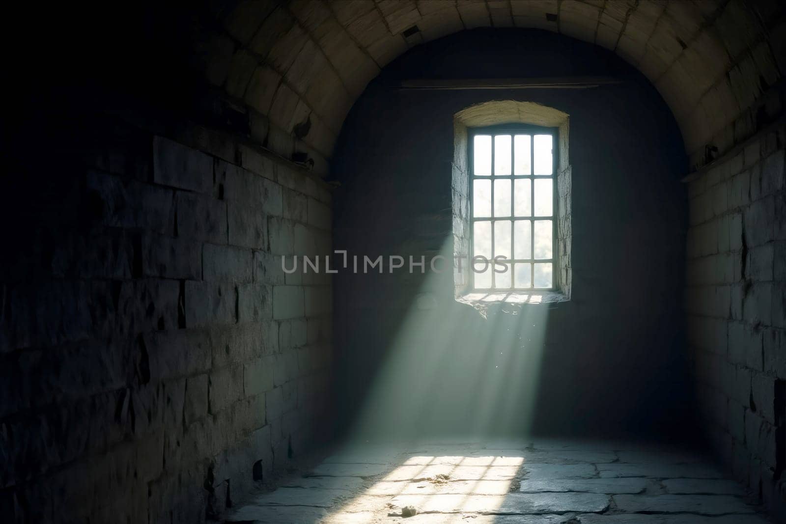 Sunlight streams through a barred window, illuminating a dim, stone-walled room with a sense of solitude and mystery. Dust particles float in the beams, enhancing the moody atmosphere.