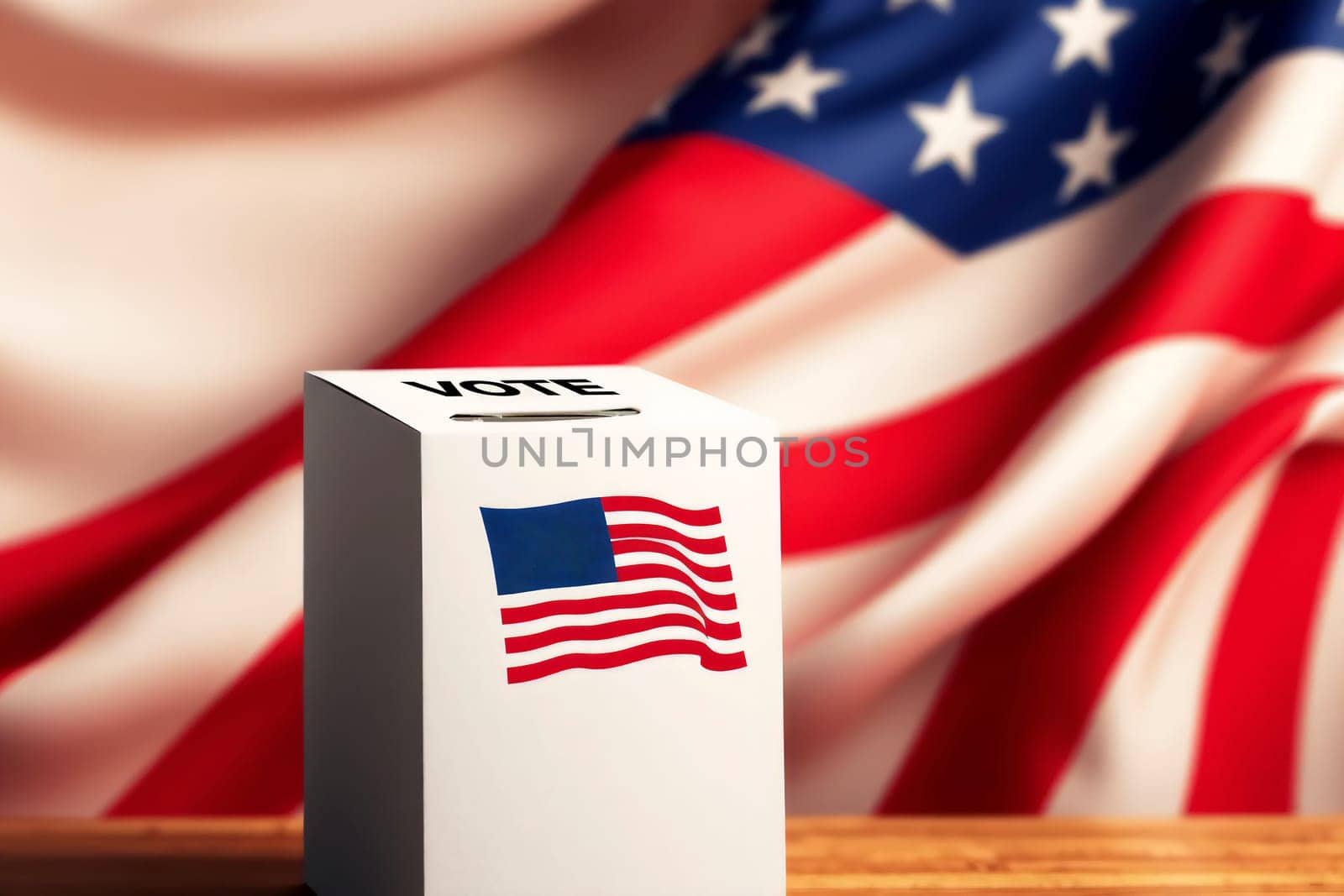 A white ballot box with the word 'VOTE' and an American flag symbol in front of a large American flag background, symbolizing U.S. elections and patriotic duty.