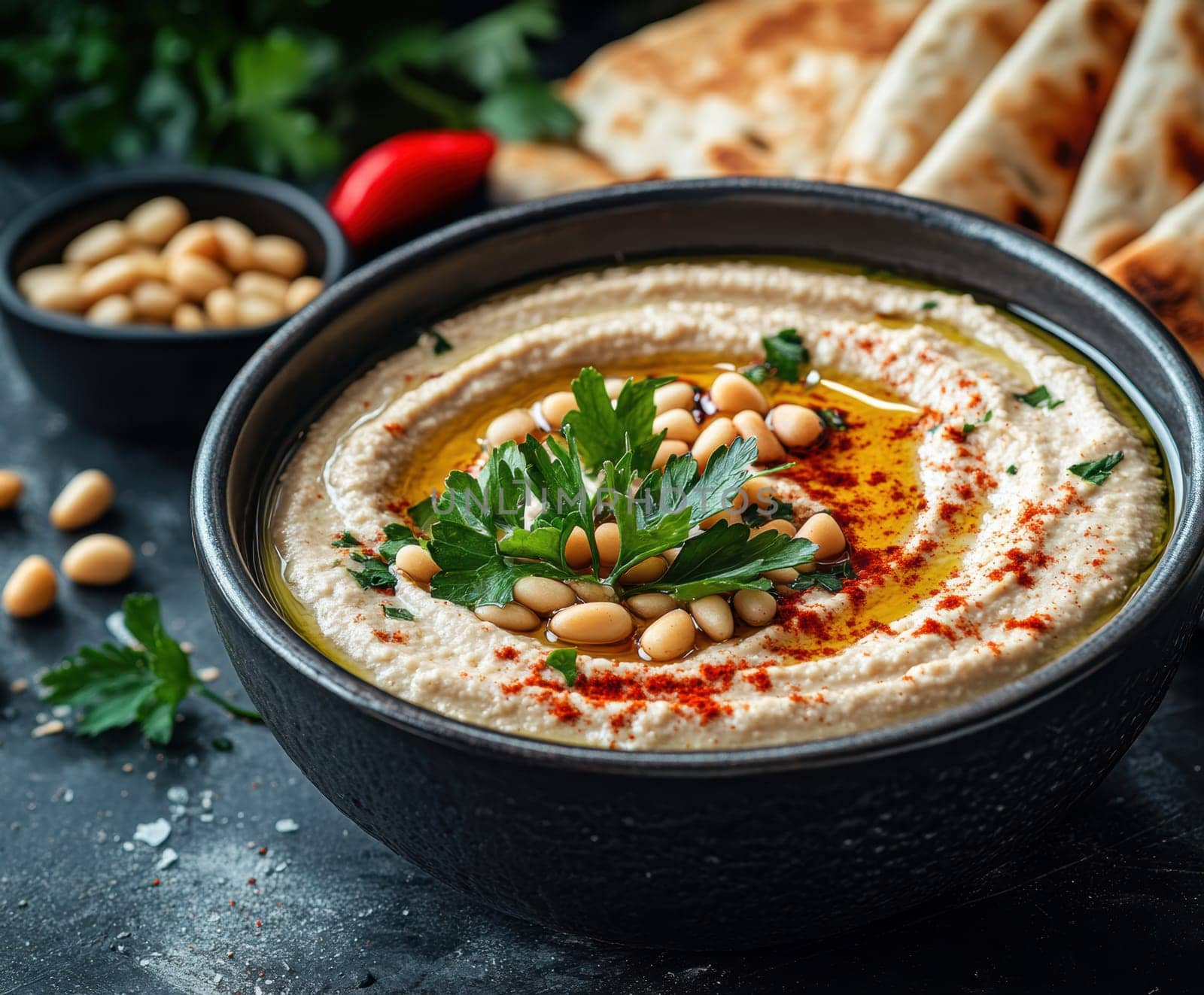 roasted garlic hummus served in bowl topped with paprika, flat parsely and roasted pine . AI generative.