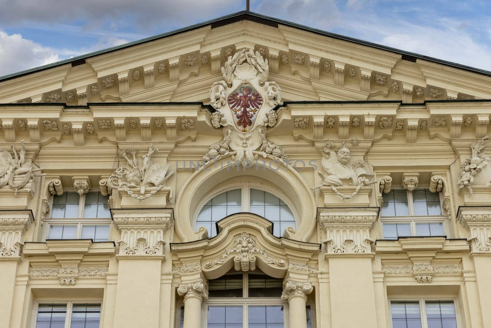 Innsbruck, Austria - February 26, 2023: Decorative facade of baroque Tyrolean state parliament (Tiroler Landtag) located on Maria Theresa Street