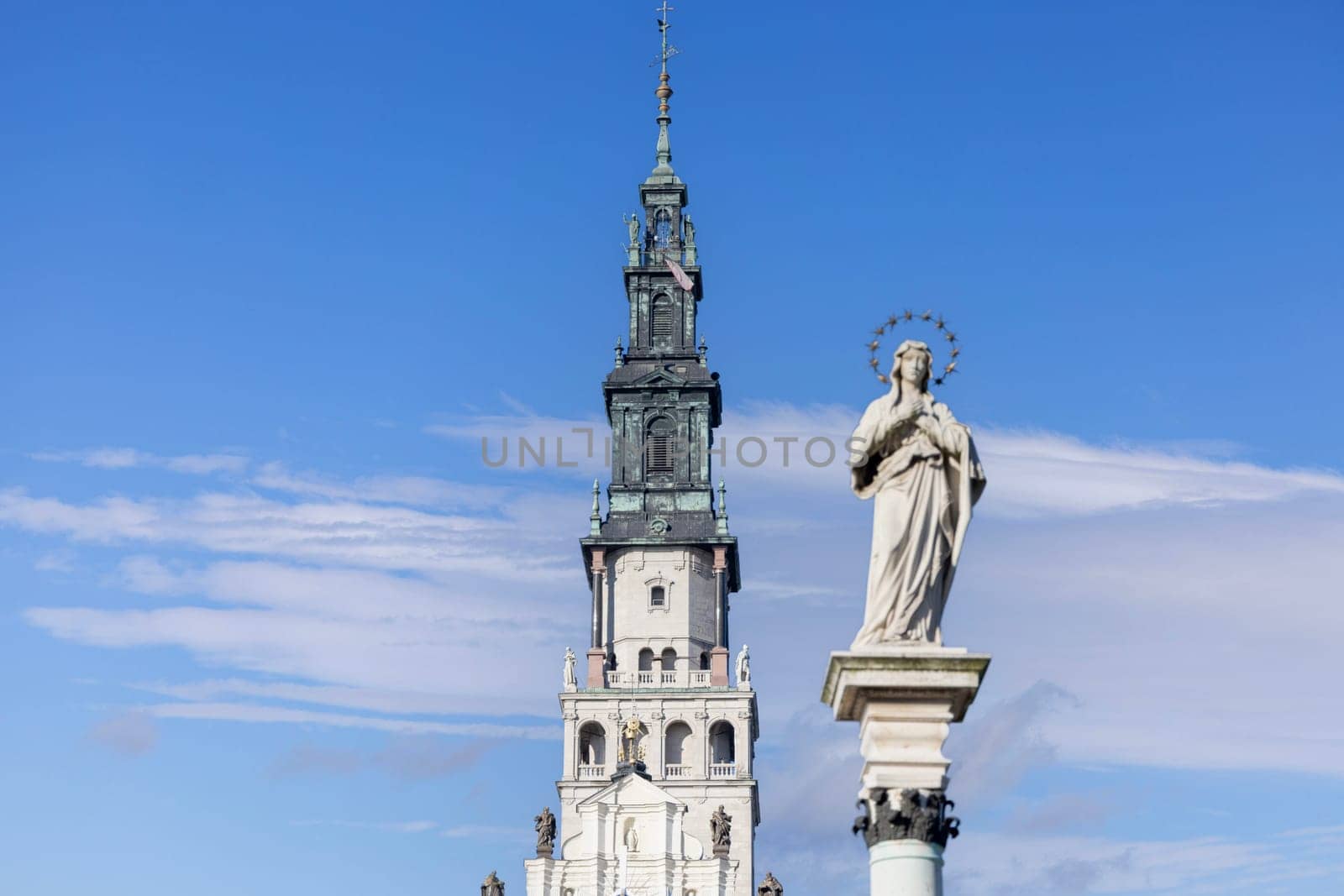 Czestochowa, Poland - October 18, 2024: 14th century baroque Jasna Gora Monastery (Light Mountain), famous pilgrimage center. Monument to Our Lady Immaculate and tower of Jasna Gora Basilica