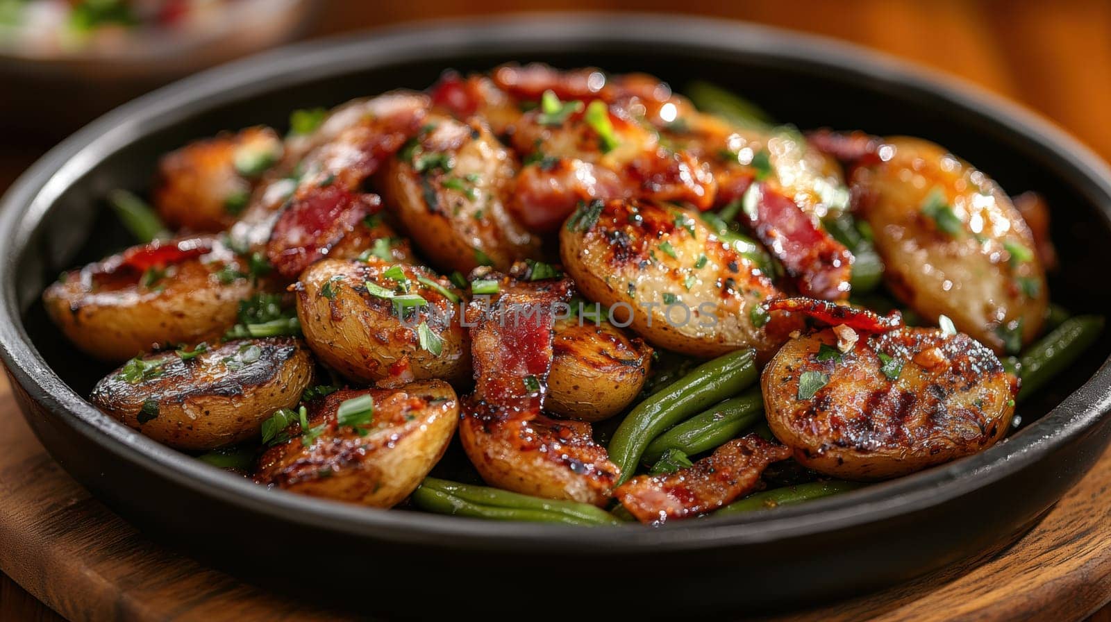 Rustic country-style dish with roasted new potatoes in a plate, tender green beans and crispy bacon bits. AI generative.