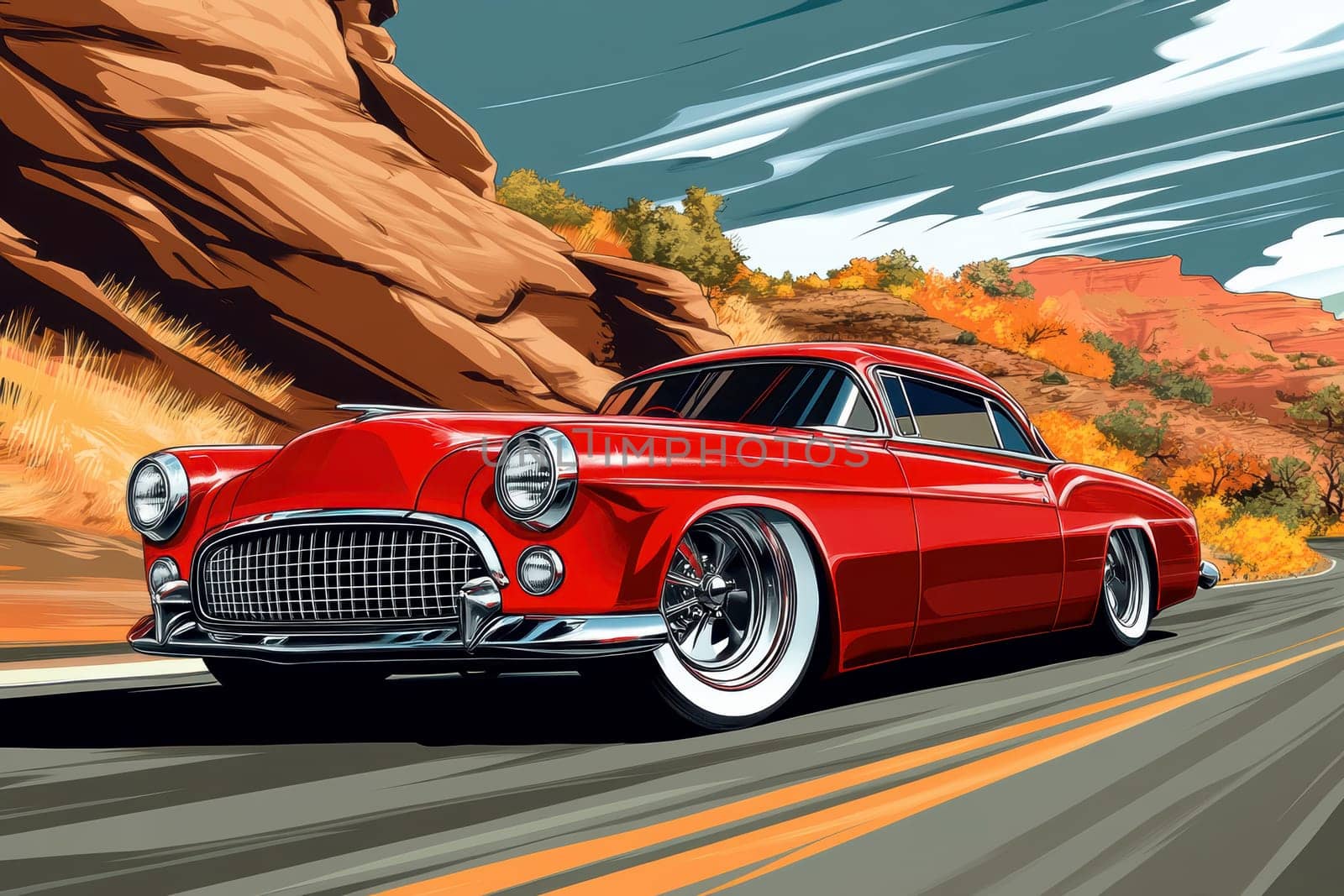 classic car on road with autumn landscape . AI generative.