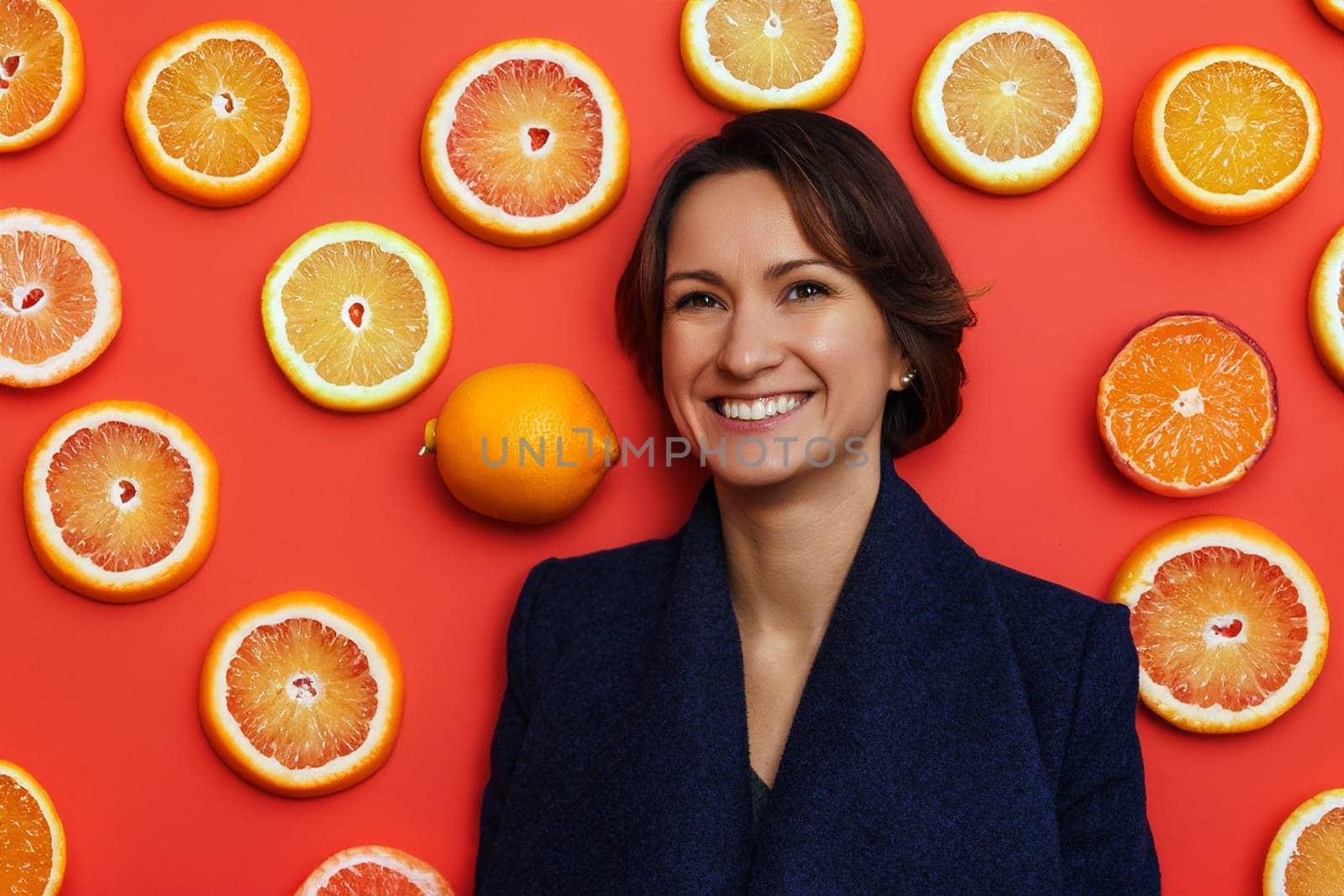 smiling young woman in dark blue coat with citrus background.