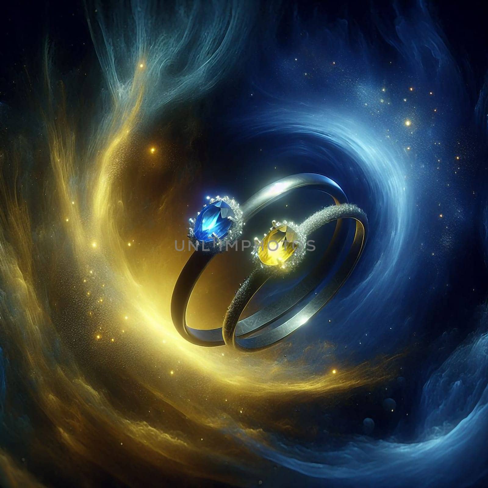 A digital art piece depicting two silver rings with blue and yellow gemstones floating in a swirling galaxy. The rings are a symbol of love, eternity, and the universe. A high-quality photo.