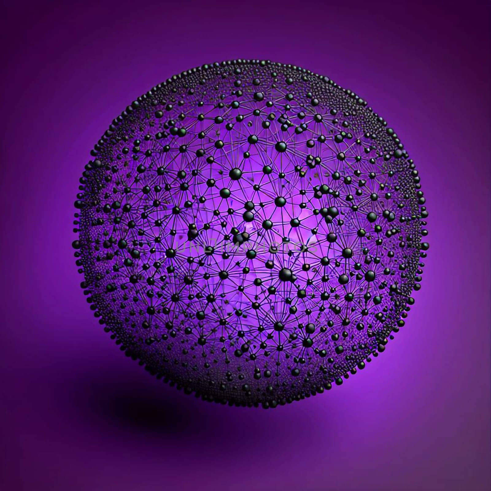 Abstract image of a spherical network of black dots and lines, resembling a molecule or a constellation. The sphere is illuminated by a purple light. A high-quality photo.