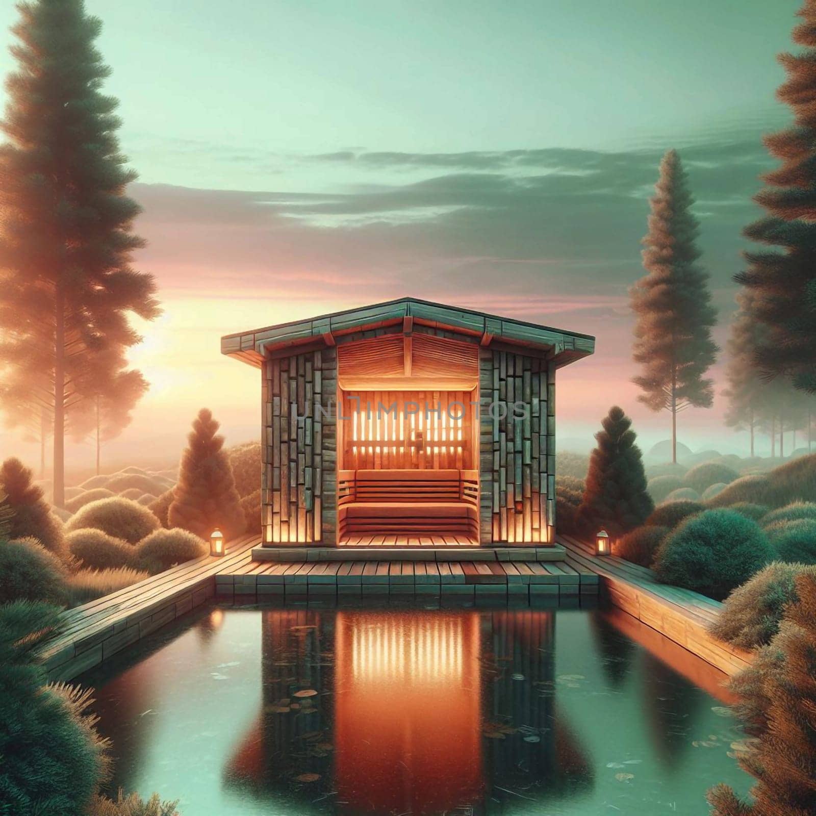 A 3D rendering of a wooden sauna cabin in a forest setting. The cabin is illuminated by warm light, creating a sense of relaxation and tranquility. A high-quality photo.