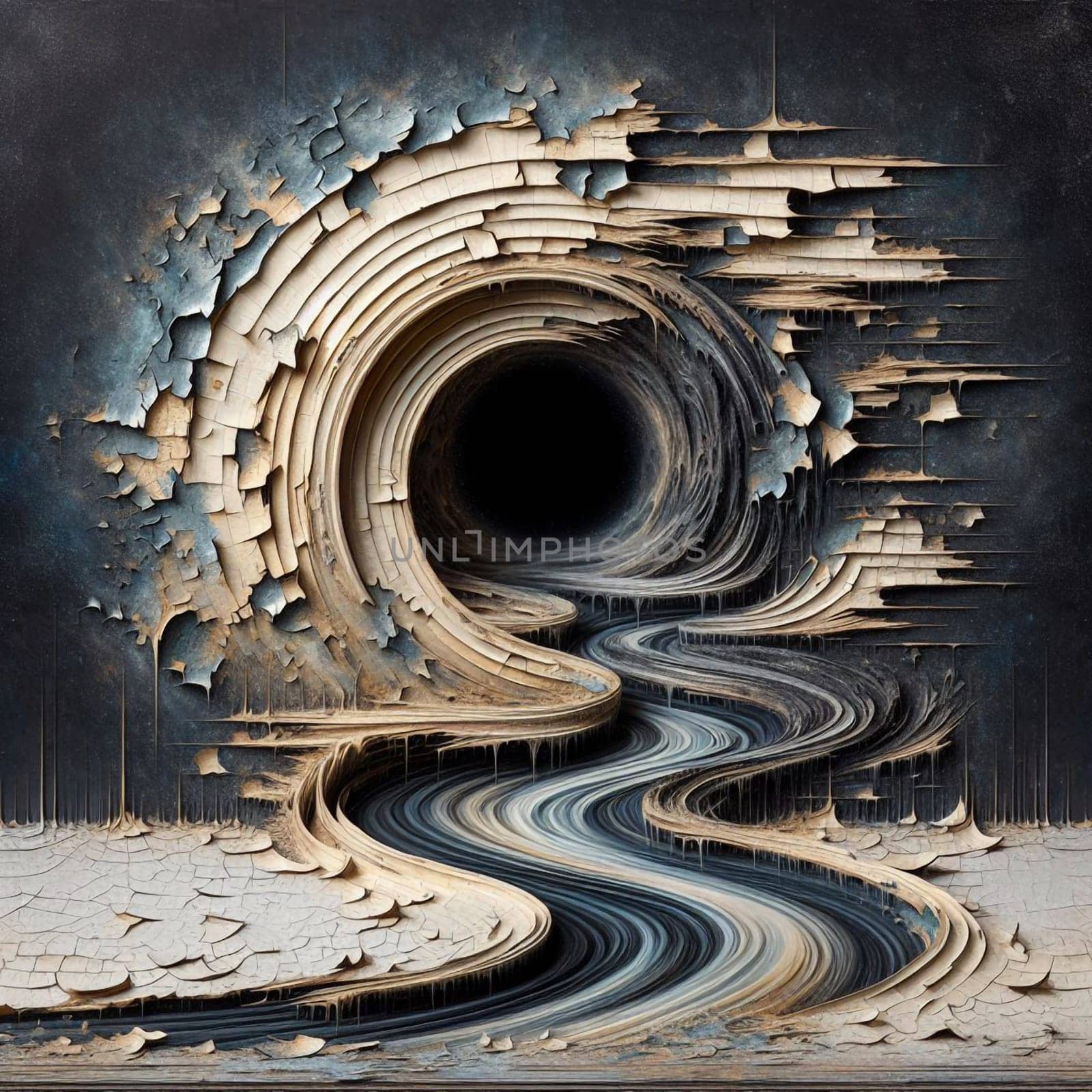 A surreal digital art piece depicting a winding river flowing through a cracked landscape, leading to a dark, swirling vortex. A high-quality photo.
