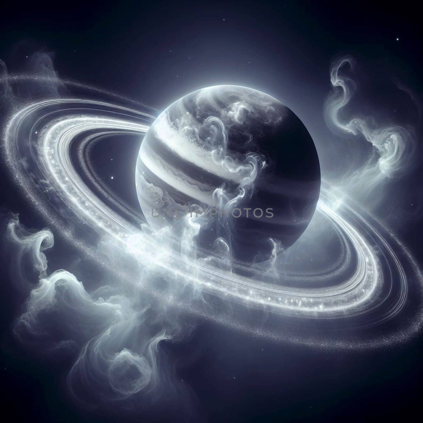 A digital art piece depicting a planet with rings surrounded by swirling clouds and a starry background. The image evokes a sense of wonder, mystery, and the vastness of space. A high-quality photo.