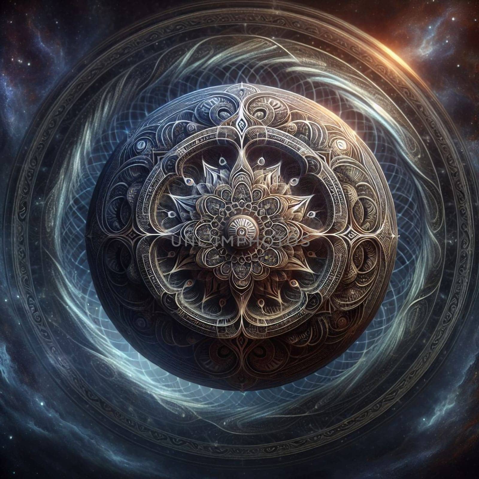A surreal, 3D illustration of a detailed, intricate, ornate sphere with a mandala-like pattern. The sphere is surrounded by a swirling, cosmic background. A high-quality photo.