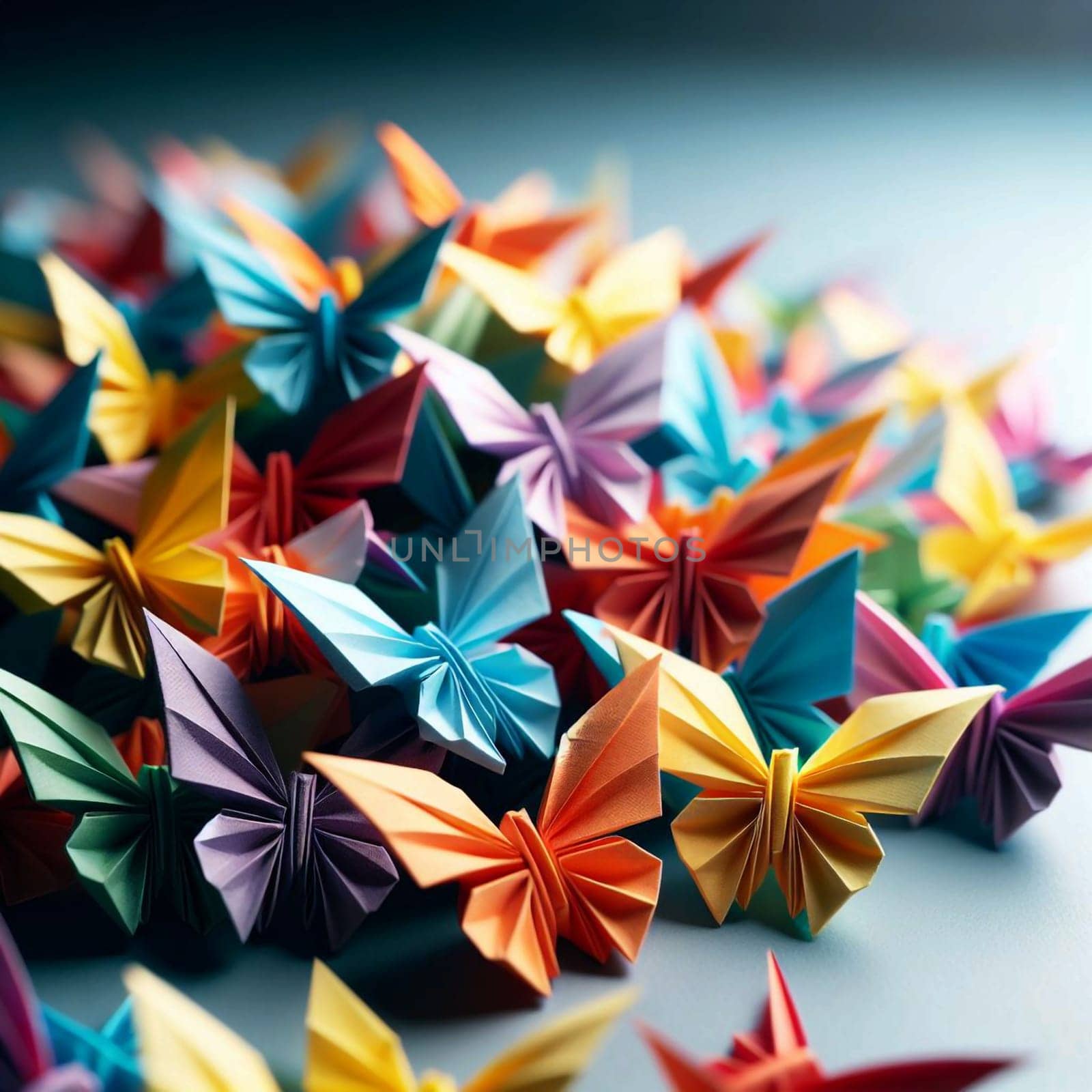 A close-up image of a collection of colorful origami butterflies on a blue background. The image evokes a sense of creativity, artistry, and the beauty of simple things. A high-quality photo.