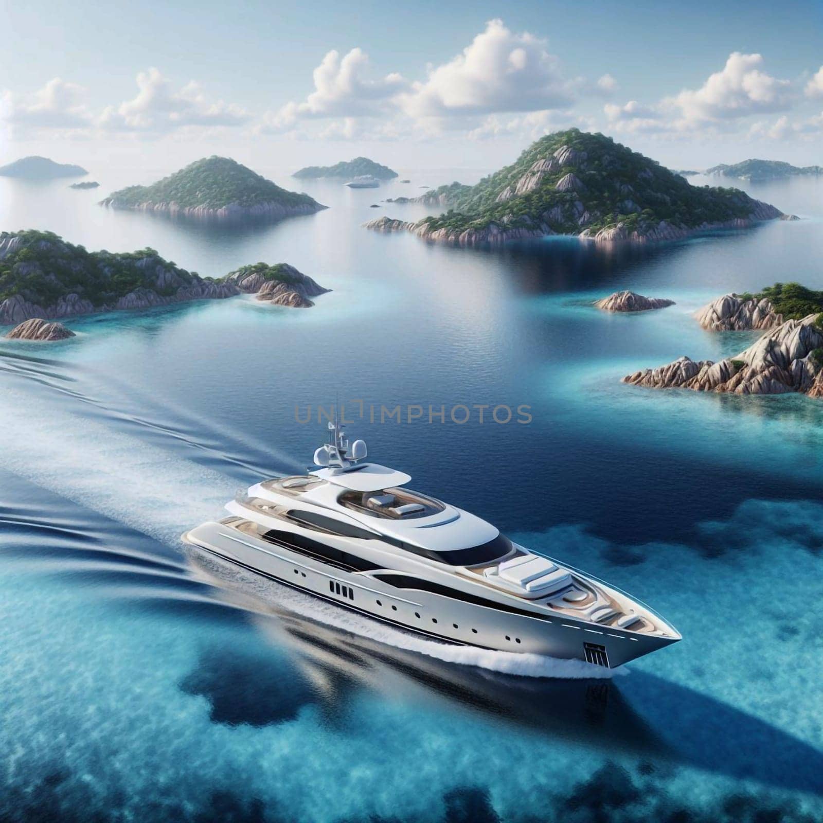 A photograph of a luxurious yacht sailing through a tropical archipelago. The image evokes a sense of freedom, adventure, and the beauty of nature. A high-quality photo.