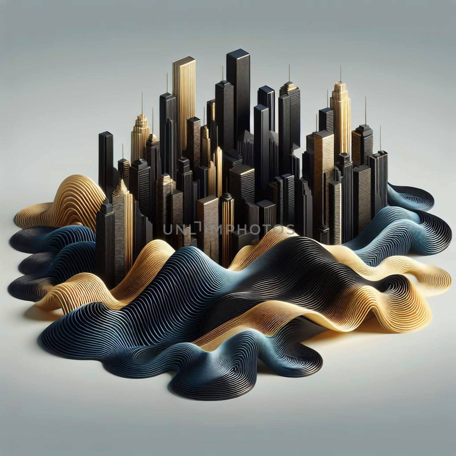 A 3D rendering of a black and gold cityscape floating above a wavy, abstract landscape. The image evokes a sense of sophistication, elegance, and the power of architecture. A high-quality photo.