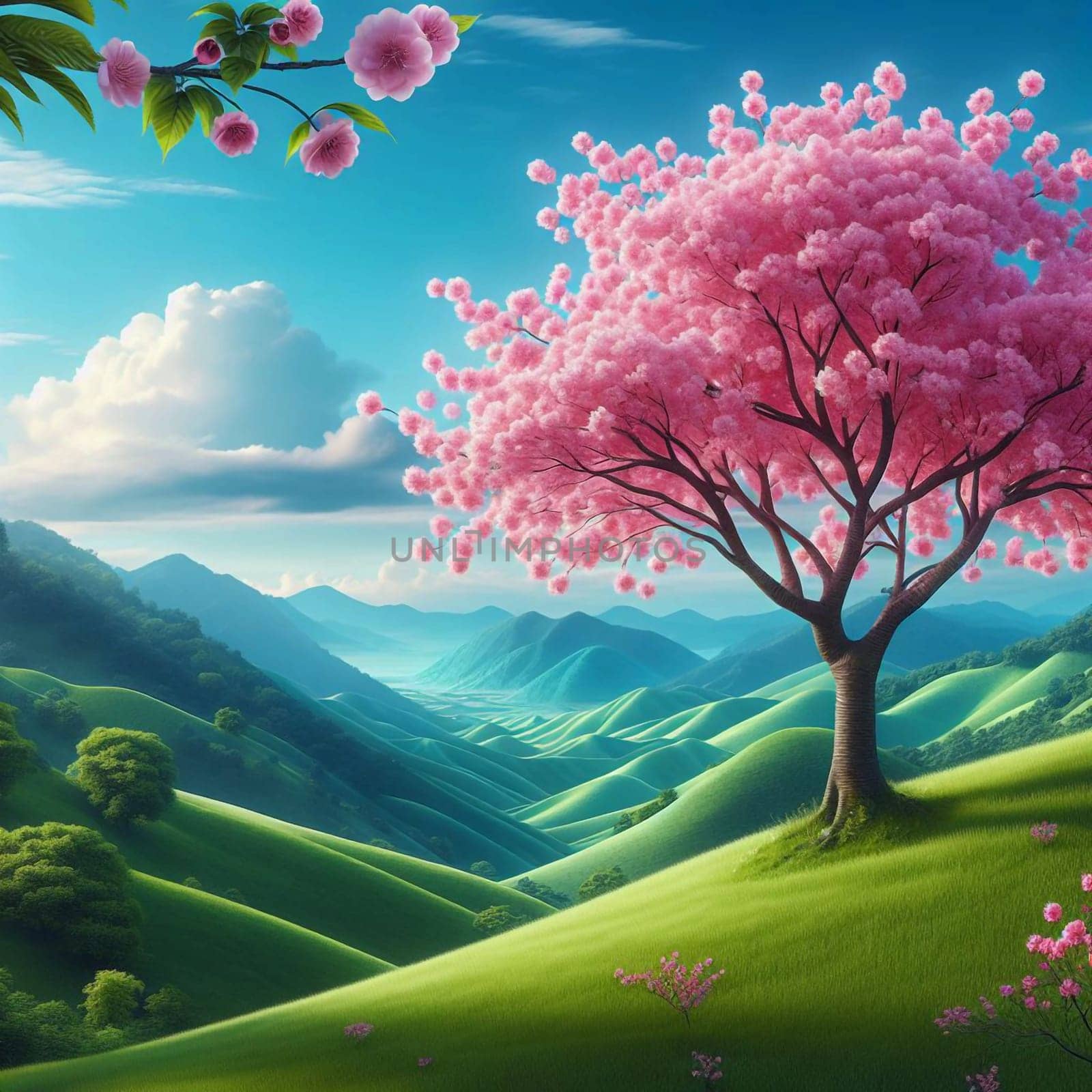 A digital illustration of a pink cherry blossom tree in a lush green valley. The scene evokes a sense of beauty, serenity, and the arrival of spring. A high-quality photo.