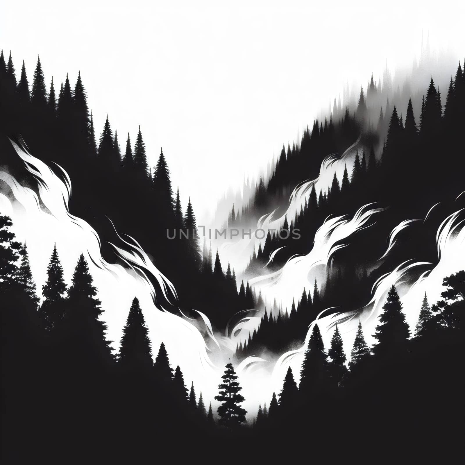 A black and white illustration of a misty mountain valley with tall, dark pine trees. The image evokes a sense of solitude, mystery, and the beauty of nature. A high-quality photo.