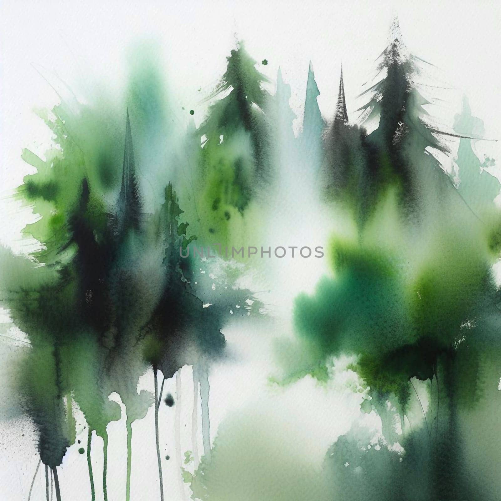 Watercolor painting of a forest scene. The trees are painted with soft, blended strokes, creating a dreamy and peaceful atmosphere. A high-quality photo.