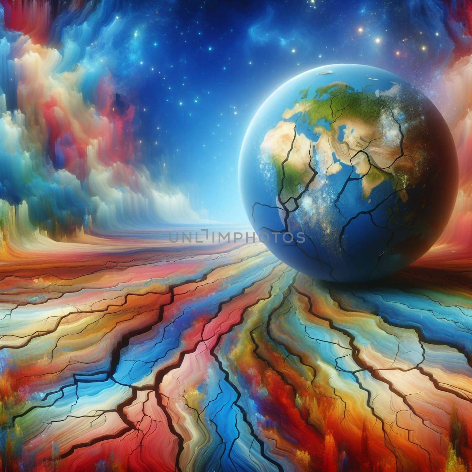 Abstract digital art depicting a cracked earth landscape with a floating globe. The globe is partially cracked and illuminated by a soft light, creating a sense of fragility. A high-quality photo.