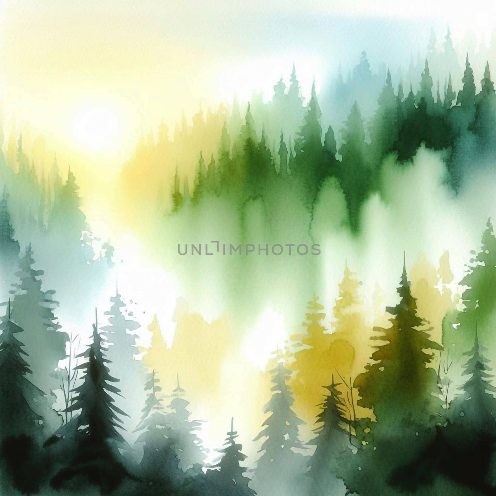 Watercolor painting of a lush, green forest. The trees are painted with soft, blended strokes, creating a dreamy and peaceful atmosphere. A high-quality photo.
