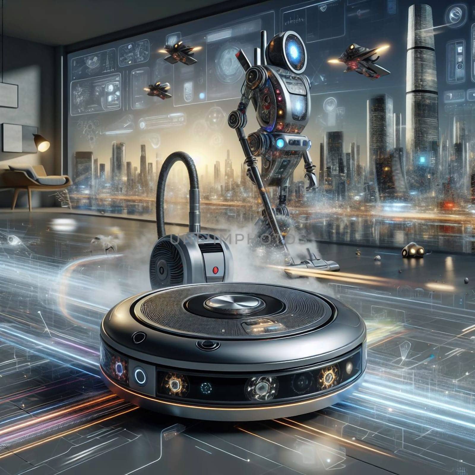 Digital art depicting a futuristic home with a robot vacuum cleaner and a humanoid robot. The scene is set in a modern, futuristic cityscape with flying cars. A high-quality photo.