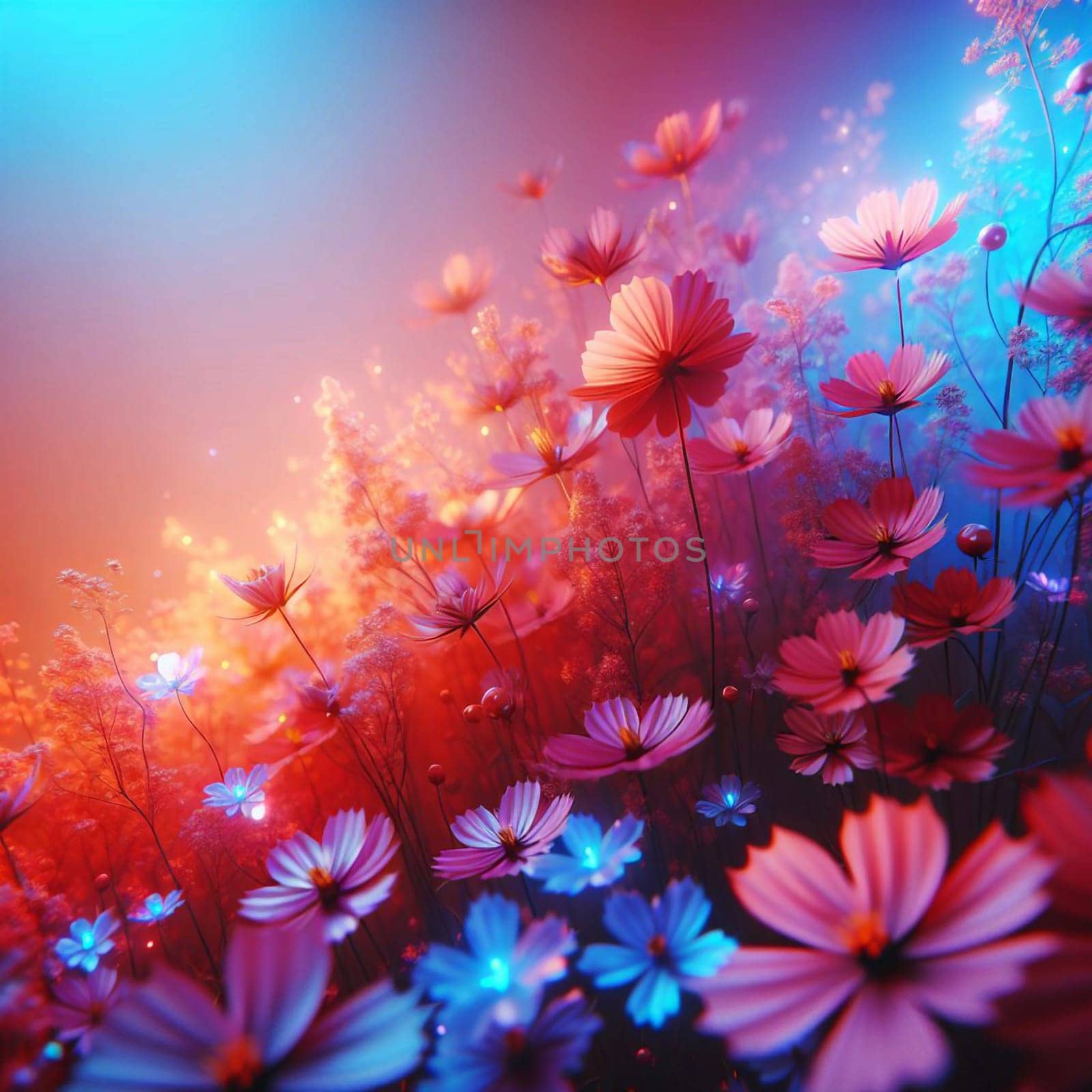 A field of pink cosmos flowers illuminated by a soft, ethereal light. The flowers are surrounded by a shimmering haze, creating a magical and dreamlike atmosphere. A high-quality photo.