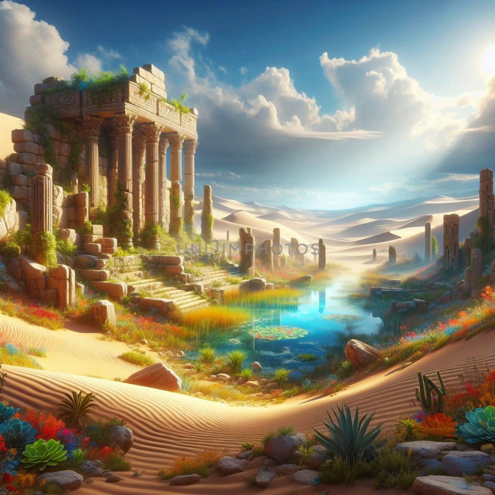 A digital illustration of an ancient temple ruin in a desert landscape. The scene evokes a sense of history, mystery, and the passage of time. A high-quality photo.
