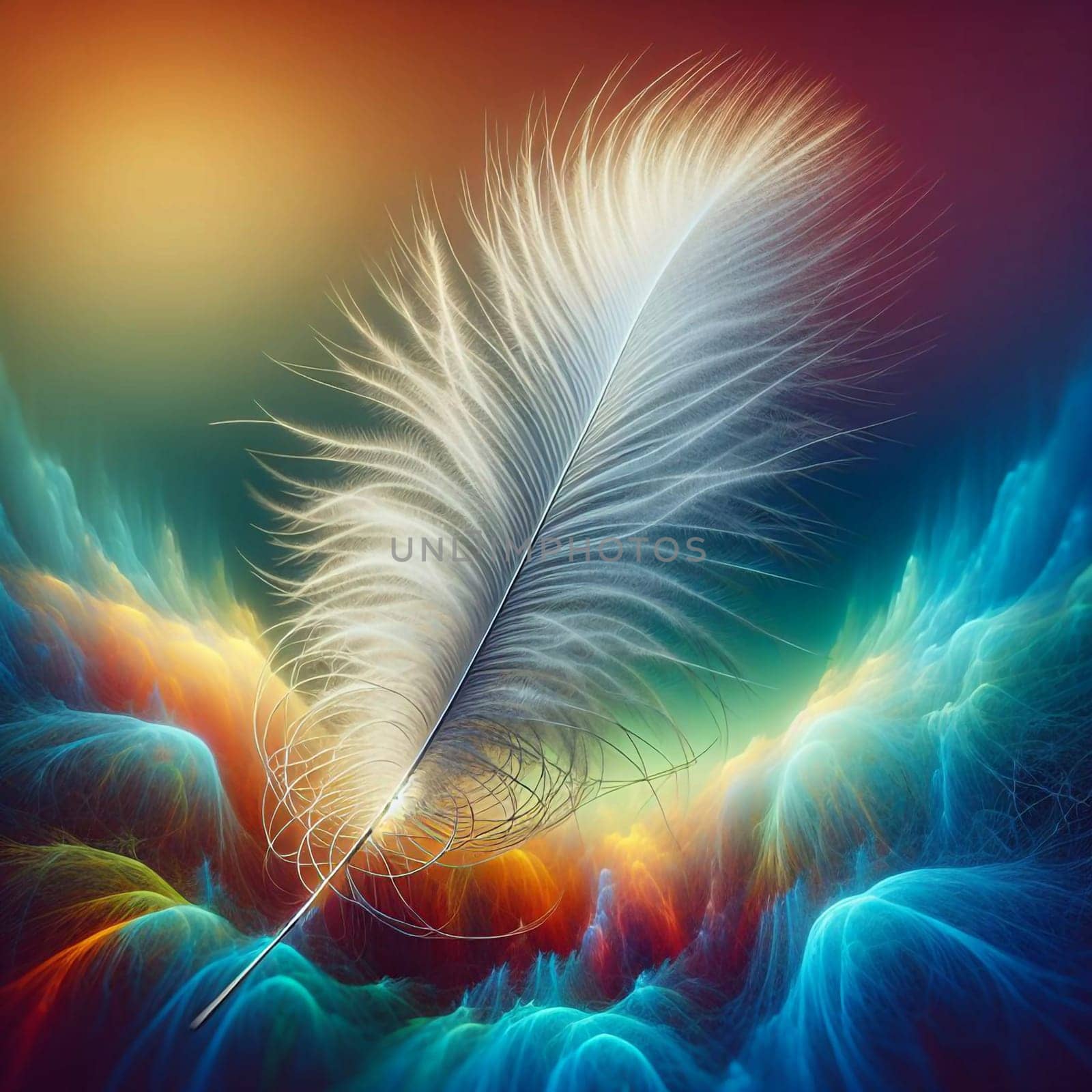 A stylized digital image of a white feather against a colorful background. The feather is delicate and intricate, with soft lighting and a sense of beauty and lightness. A high-quality photo.