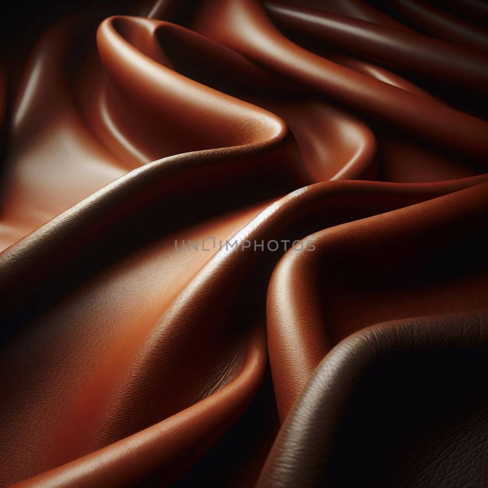Close-up image of brown leather with a wrinkled and textured surface. The leather is illuminated by soft, warm light, highlighting its natural beauty. A high-quality photo.