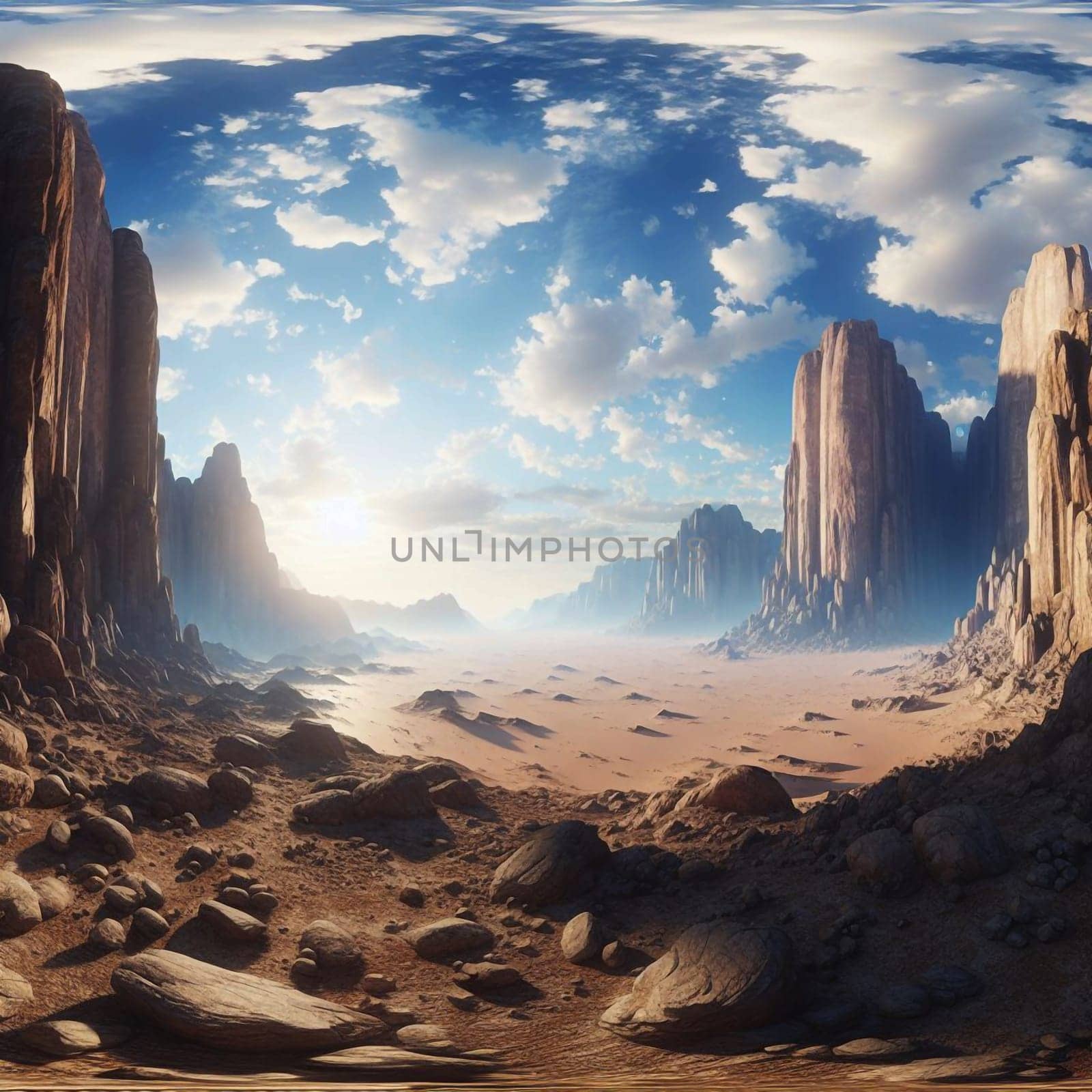 A panoramic view of a desert landscape. The scene is characterized by towering rock formations, vast sand dunes, and a clear blue sky. A high-quality photo.