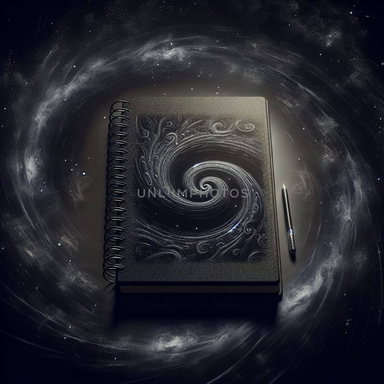 An image of a closed spiral bound notebook on a starry background. The notebook has a swirling design on the cover, resembling a galaxy or a vortex. A high-quality photo.