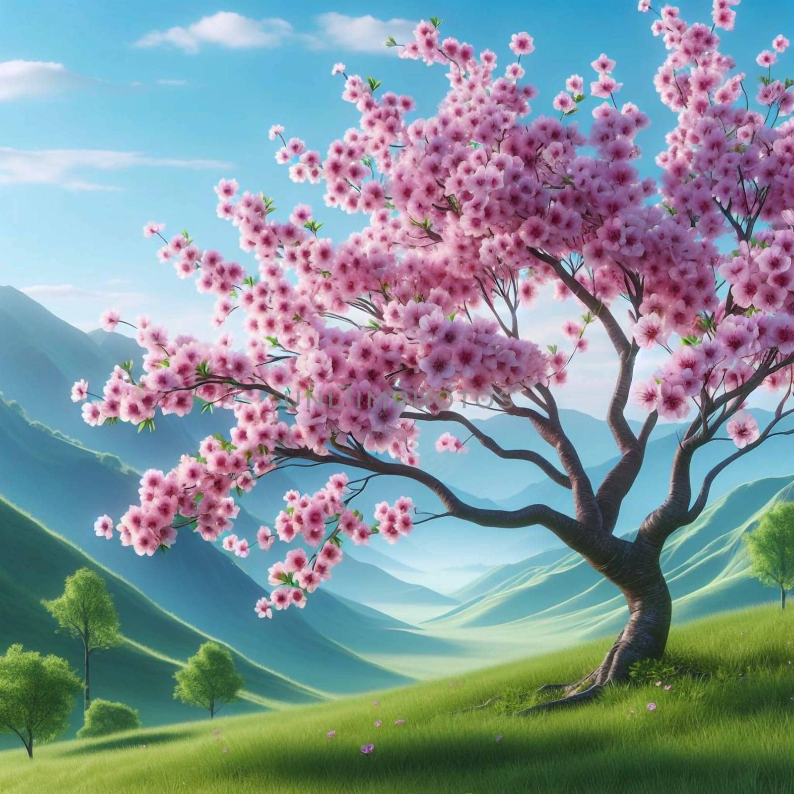 A digital illustration of a cherry blossom tree in full bloom. The tree is surrounded by green hills and a blue sky, creating a beautiful and serene scene. A high-quality photo.