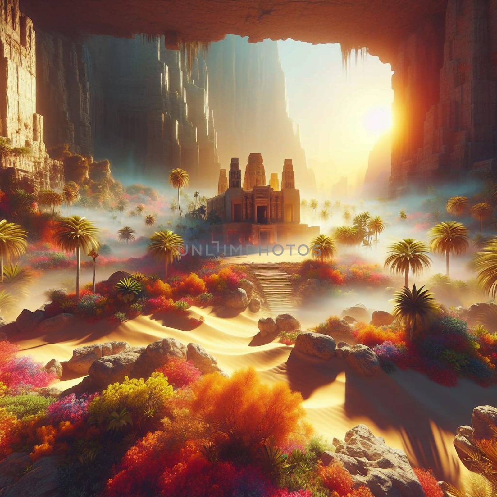 A digital illustration of an ancient temple in a desert oasis. The scene is bathed in golden sunlight, creating a sense of peace and tranquility. A high-quality photo.