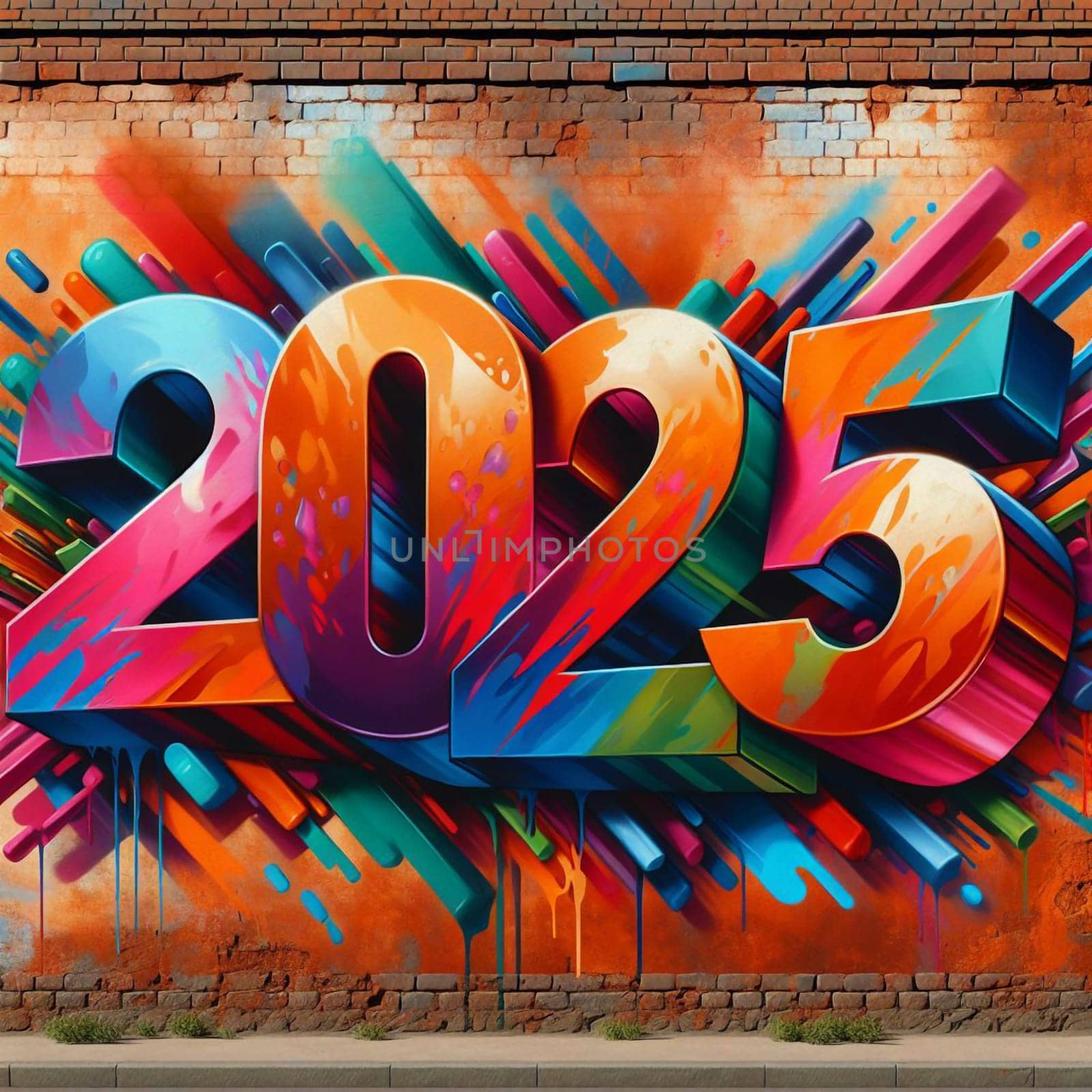 A colorful graffiti mural depicting the year 2025 on a brick wall. The numbers are bold and vibrant, with a dynamic and energetic style. A high-quality photo.