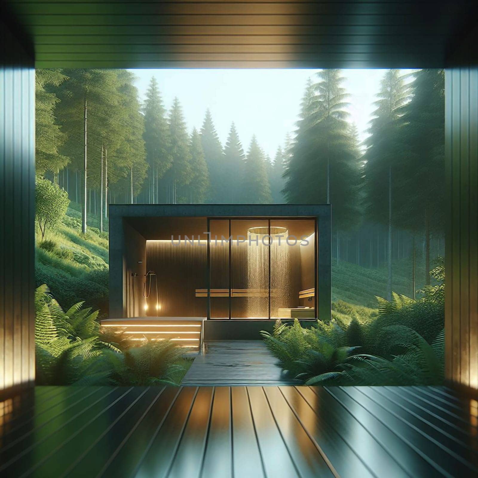 A 3D rendering of a modern, minimalist bathroom with a glass shower and a view of a lush forest. The bathroom is designed with natural materials and a focus on relaxation. A high-quality photo.