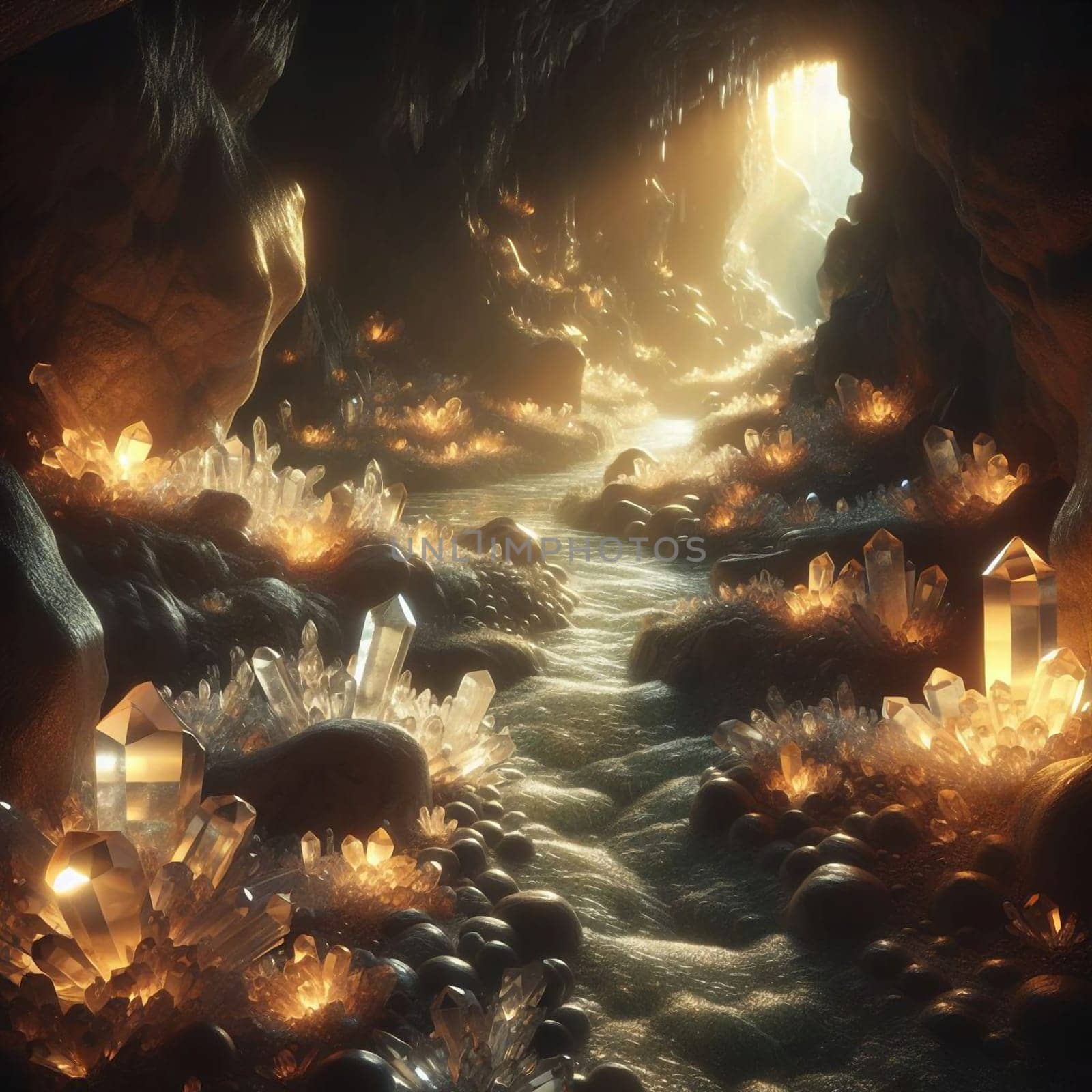 3D rendering of a cave with crystal formations and a flowing river. The scene is illuminated by a soft, golden light that highlights the beauty of the crystals. A high-quality photo.