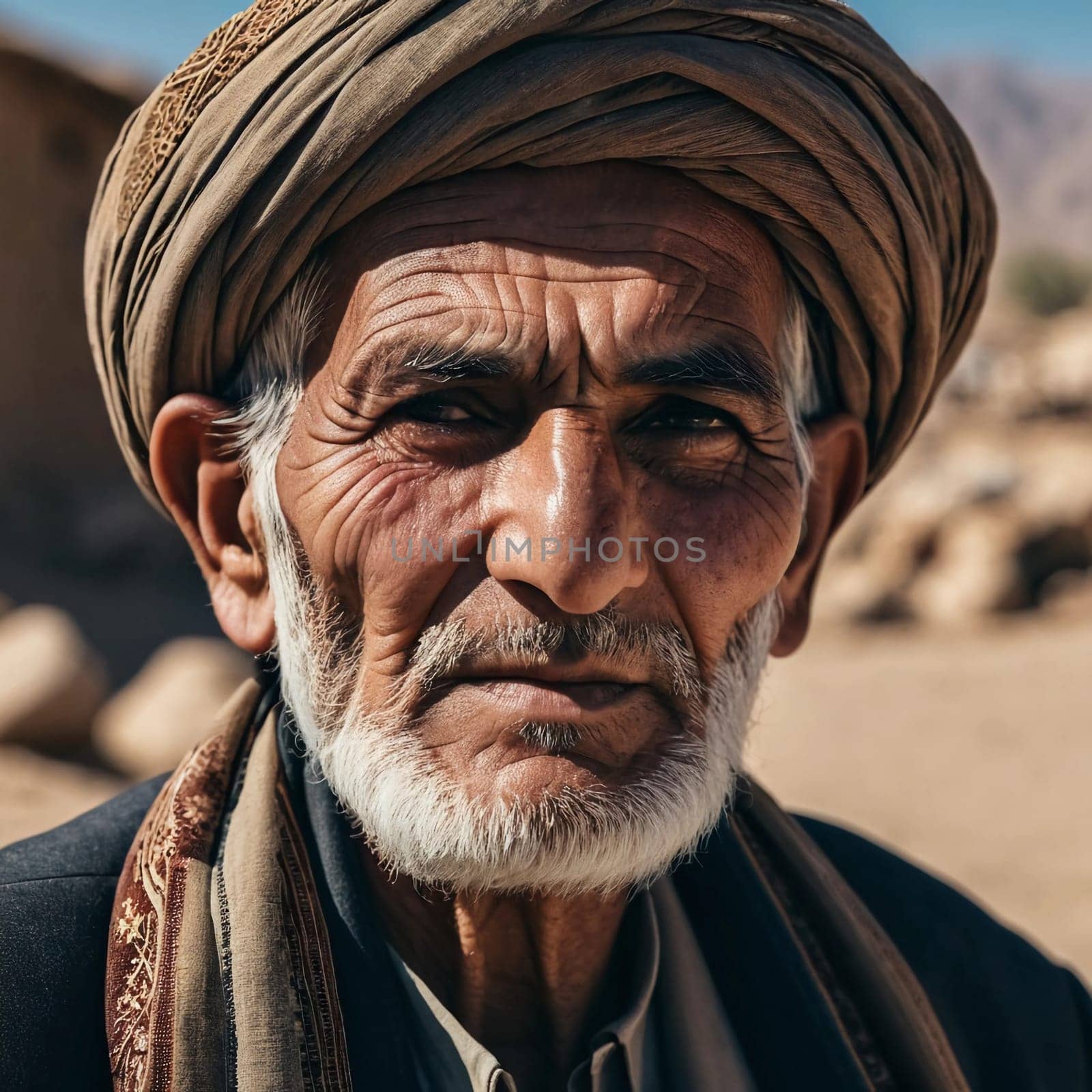 An elderly man from Afghanistan showcases his weathered face, reflecting years of wisdom and resilience against a modest backdrop of nature, embodying the rich culture of his homeland. Generative AI.