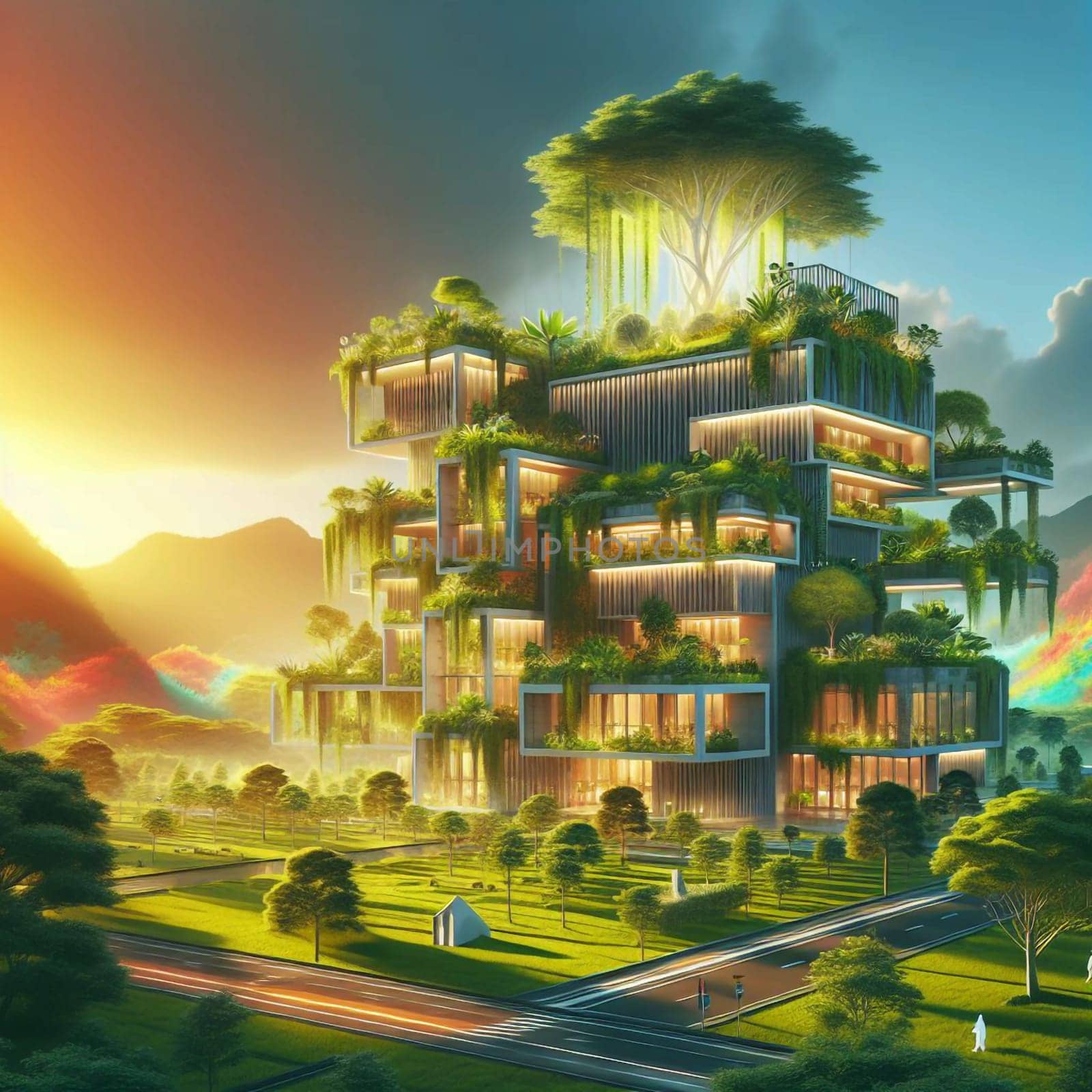 A digital illustration of a futuristic, eco-friendly building with greenery growing on its exterior. The image evokes a sense of sustainability, harmony of architecture. A high-quality photo.