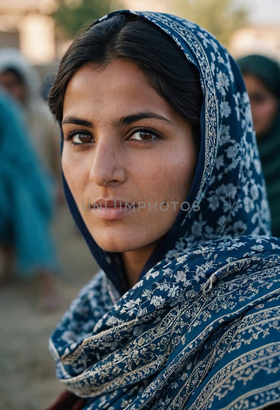 Young woman 25 years old, draped in a beautifully patterned scarf, appears contemplative at a community gathering in Afghanistan. Her expression reflects a mix of strength and serenity. Generative AI.