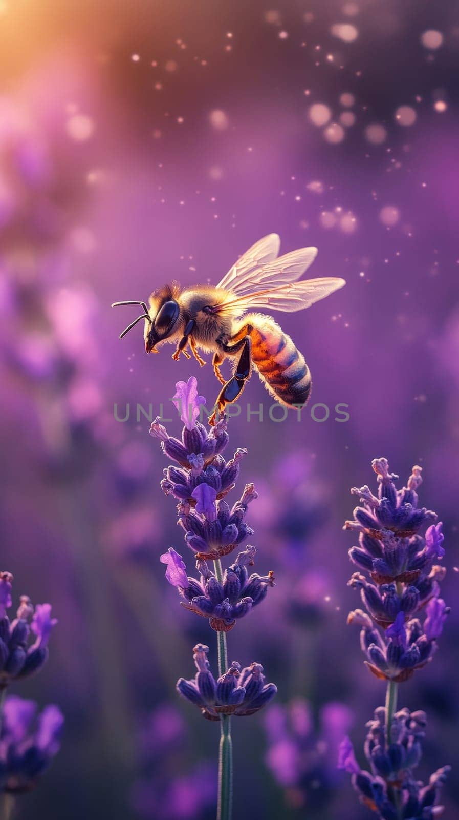 A golden honey bee hovers over a vibrant purple lavender flower, its wings spread in mid flight, surrounded by a dreamy, bokeh filled background.