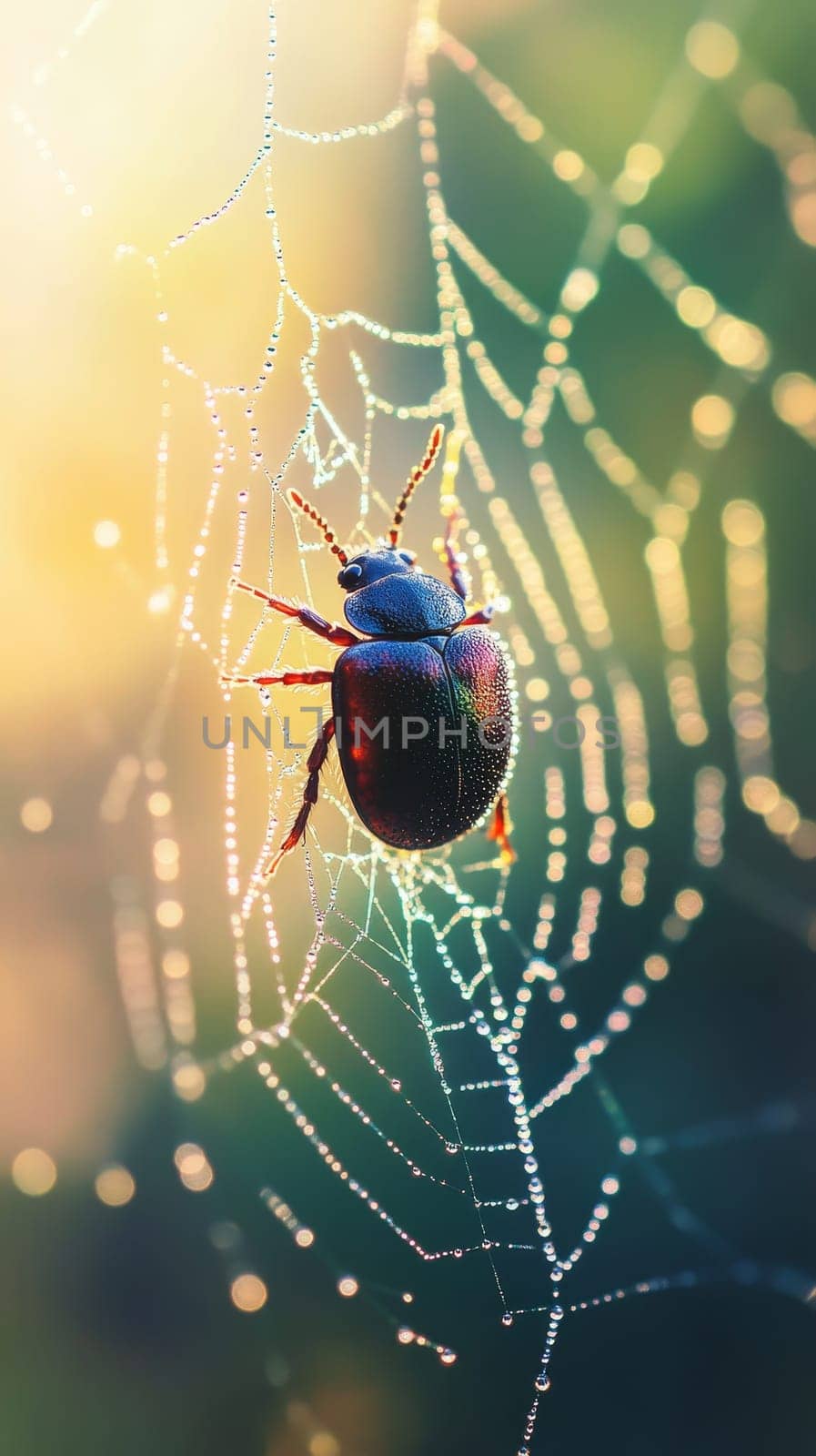 A beetle clings to a dewy spider web, with morning light illuminating the scene in a dazzling display.