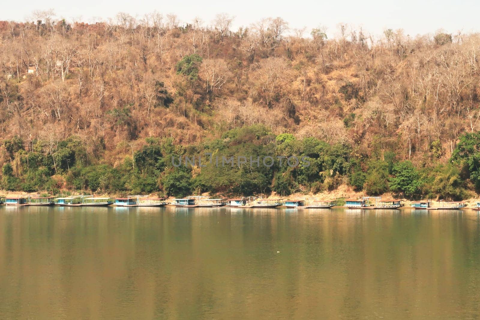 View from the old town onto the shore of the Mekong River with many traditional long boats, Luang Prabang, Laos 2023