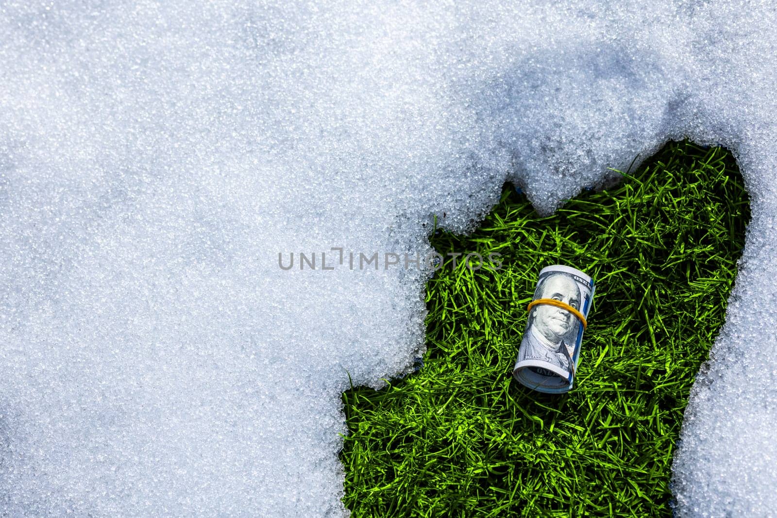 roll of us dollar banknotes on thawed green grass patch in the snow at sunny spring day, closeup with copy space