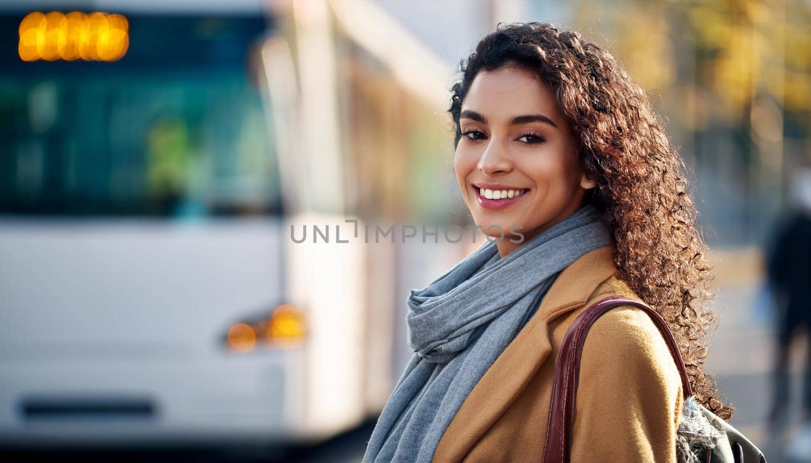 pretty young woman waiting for transport at bus stop, AI generated image