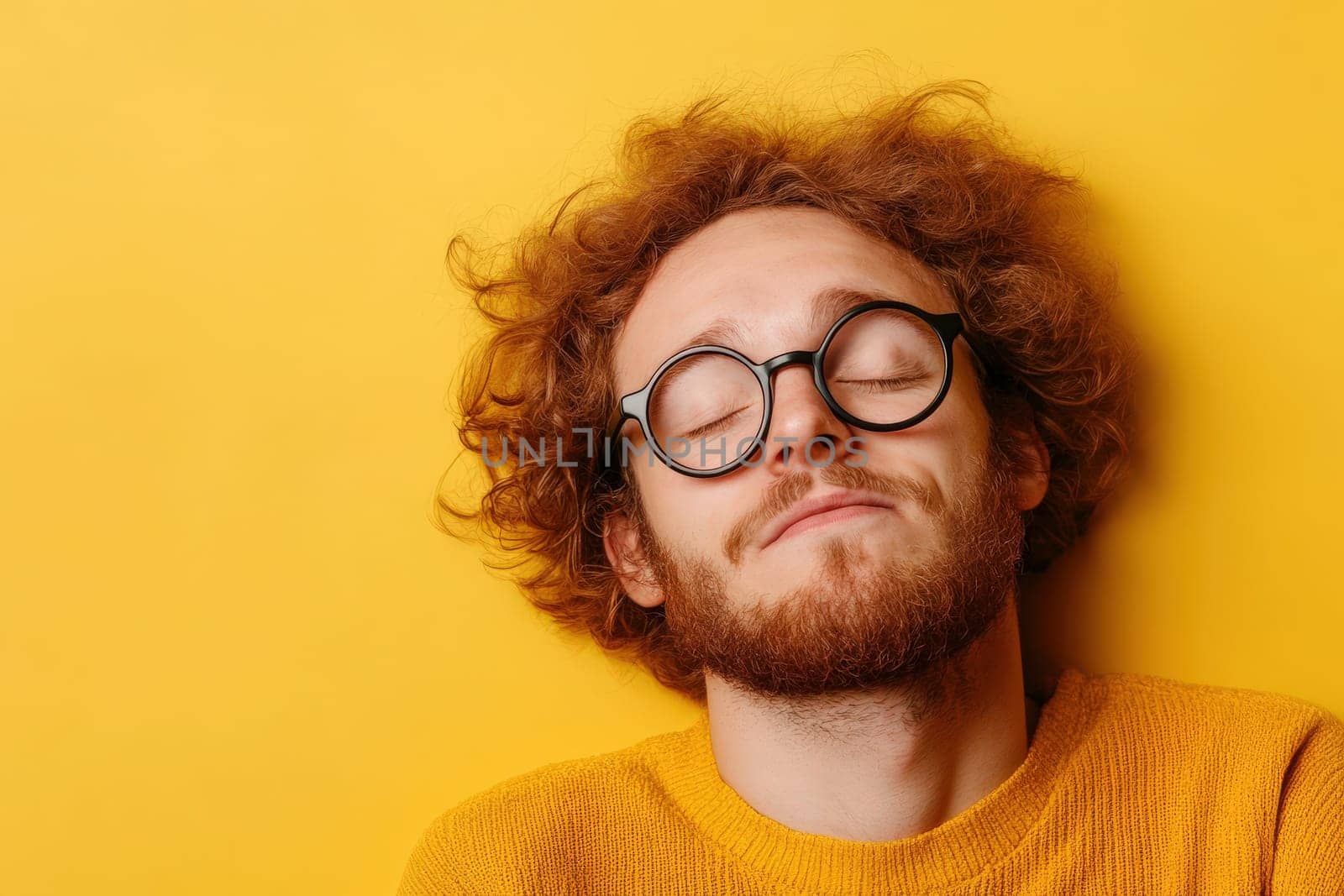 A young man wearing round glasses appears weary, his expression reflecting exhaustion. He leans against a solid, bright yellow background, creating a striking visual contrast.
