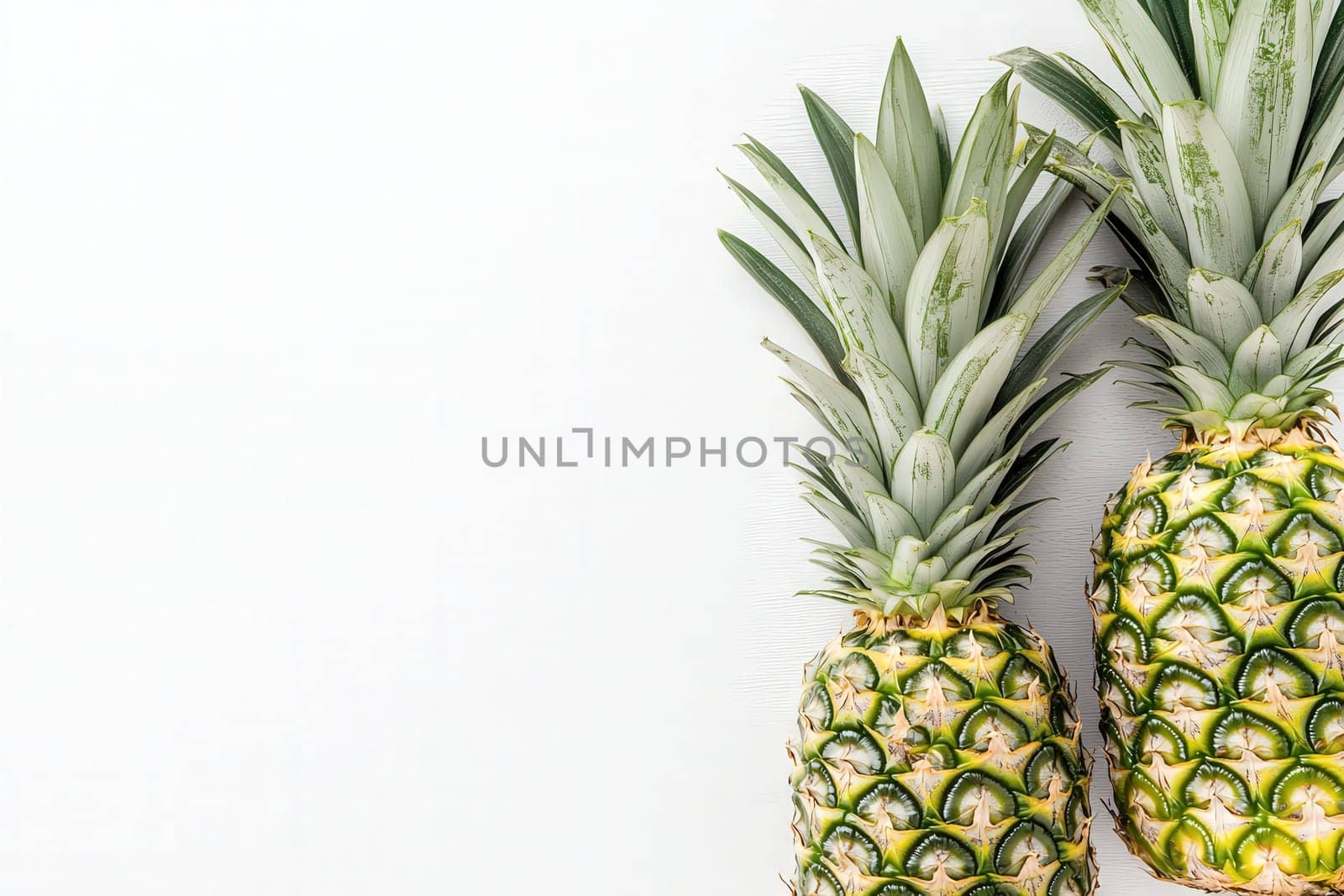 Two ripe tropical pineapples rest side by side on a bright white surface, emphasizing their lush green leaves and spiky skin, highlighting freshness and natural beauty in a minimalist setting.
