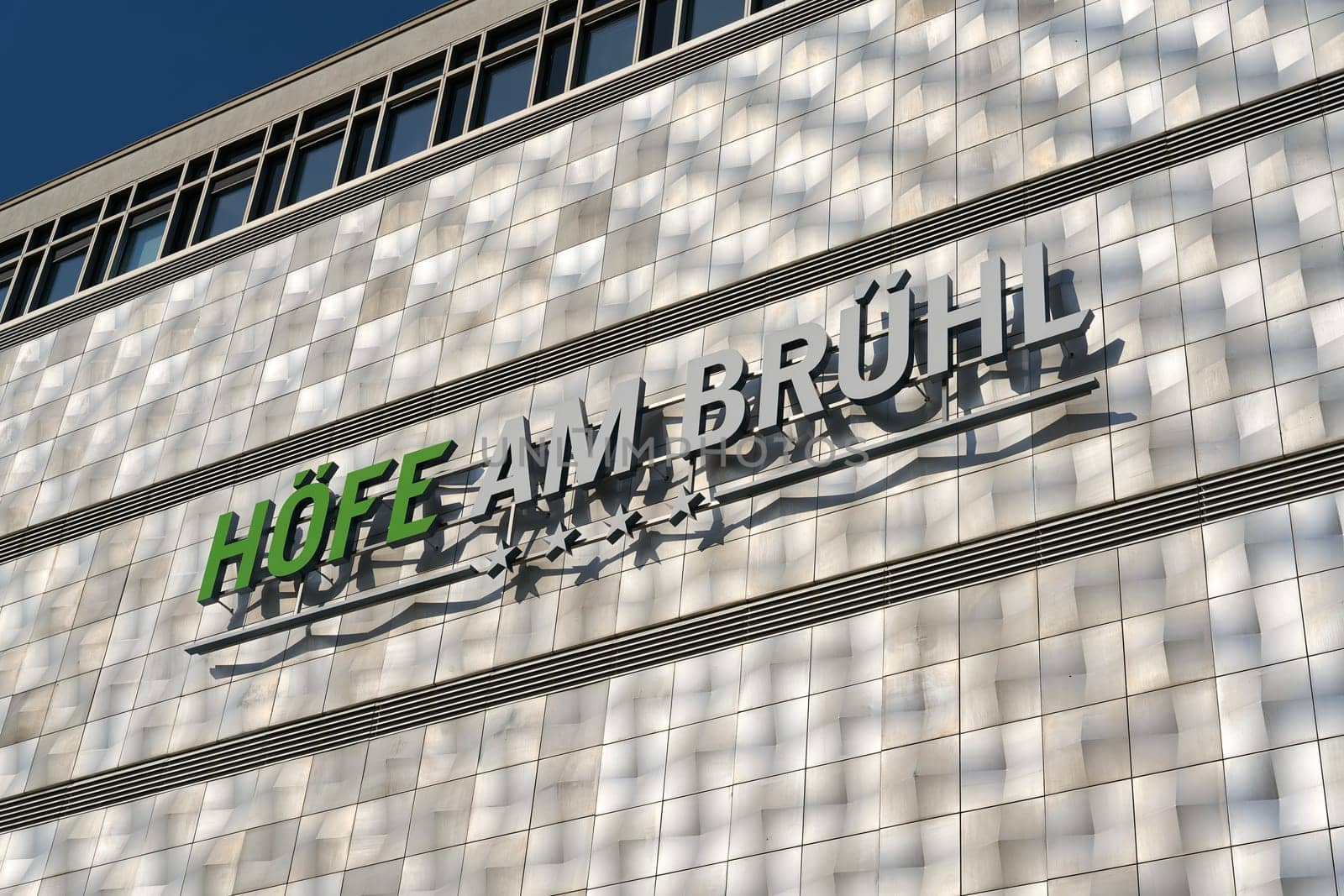 Illuminated sign for the Hoefe am Bruehl shopping center in the heart of Leipzig in Germany