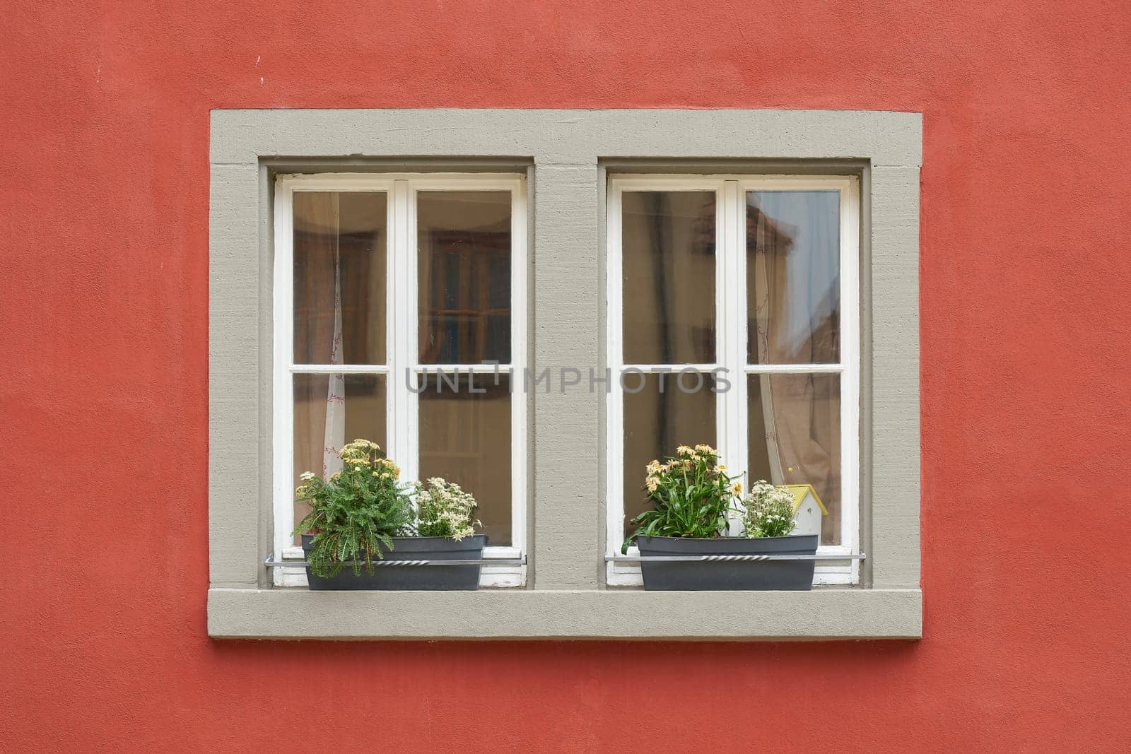 Window of a renovated old red house in Rothenburg ob der Tauber in Germany with flowers on the windowsill