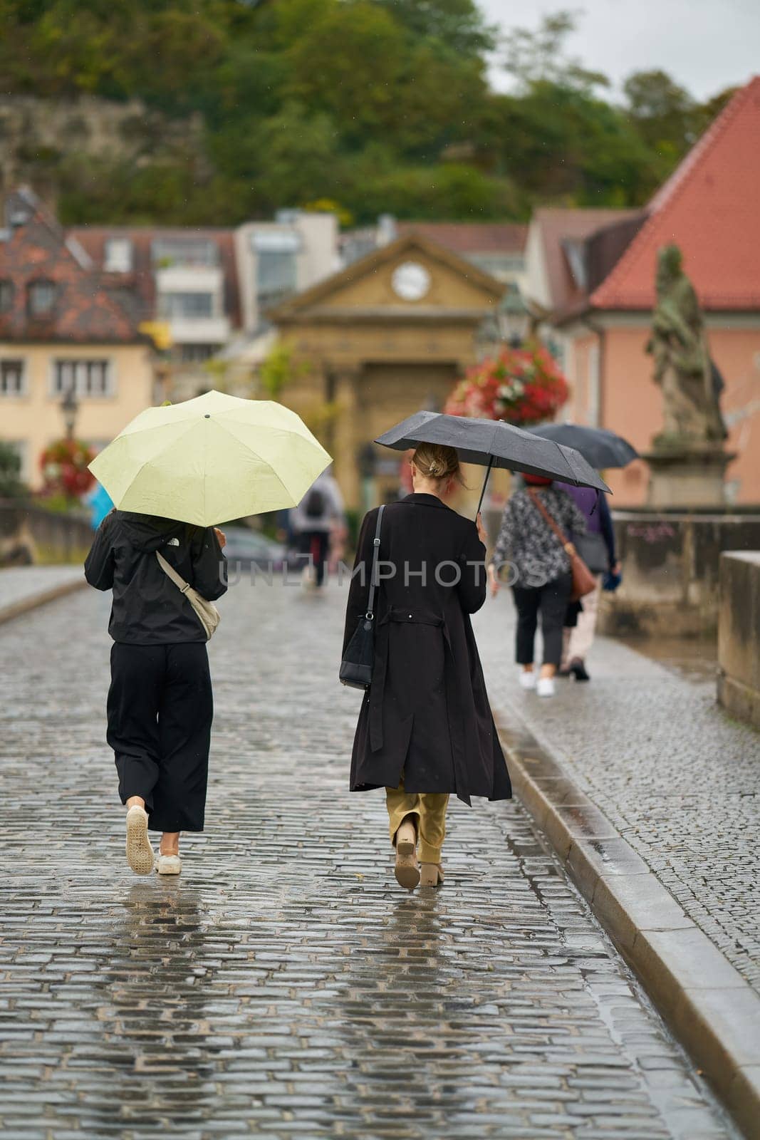 Two young women with umbrellas on the old Main bridge, alte Mainbrücke in Wurzburg in the rain