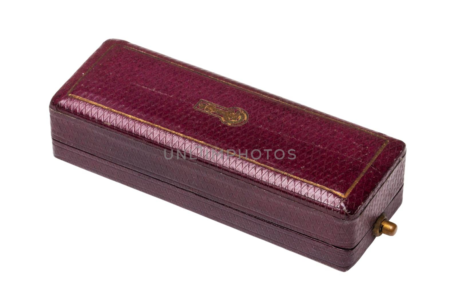Ancient box. Antique brown jewellery gift box with rubbed gold decorations and a gold-plated press lock isolated on white. Clipping path. Old box to collect treasure.