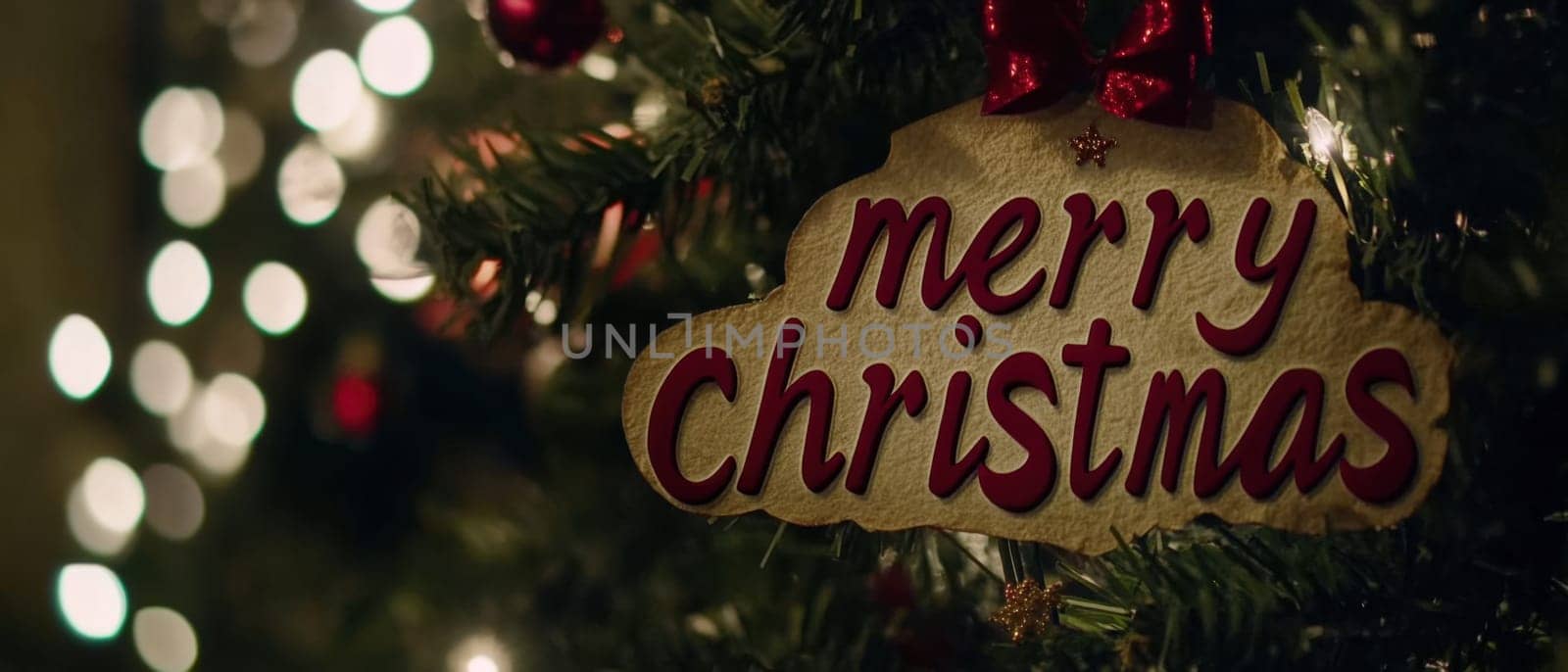 A beautifully decorated Christmas tree adorned with a cheerful greeting and sparkling lights creating a warm holiday atmosphere.